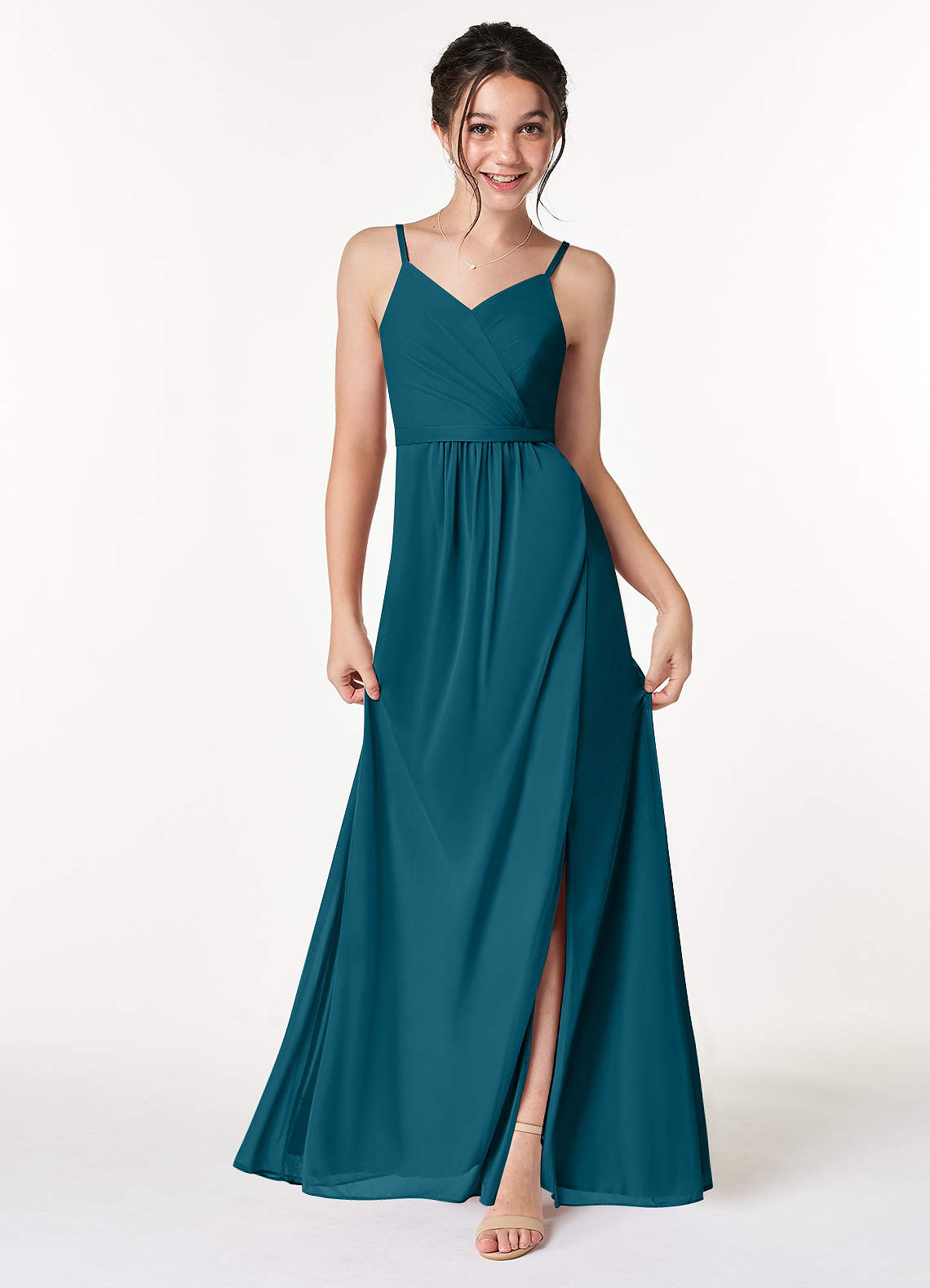 Azazie Luxy Junior Vestido de Azul Tinta de Malla con Plisado image1
