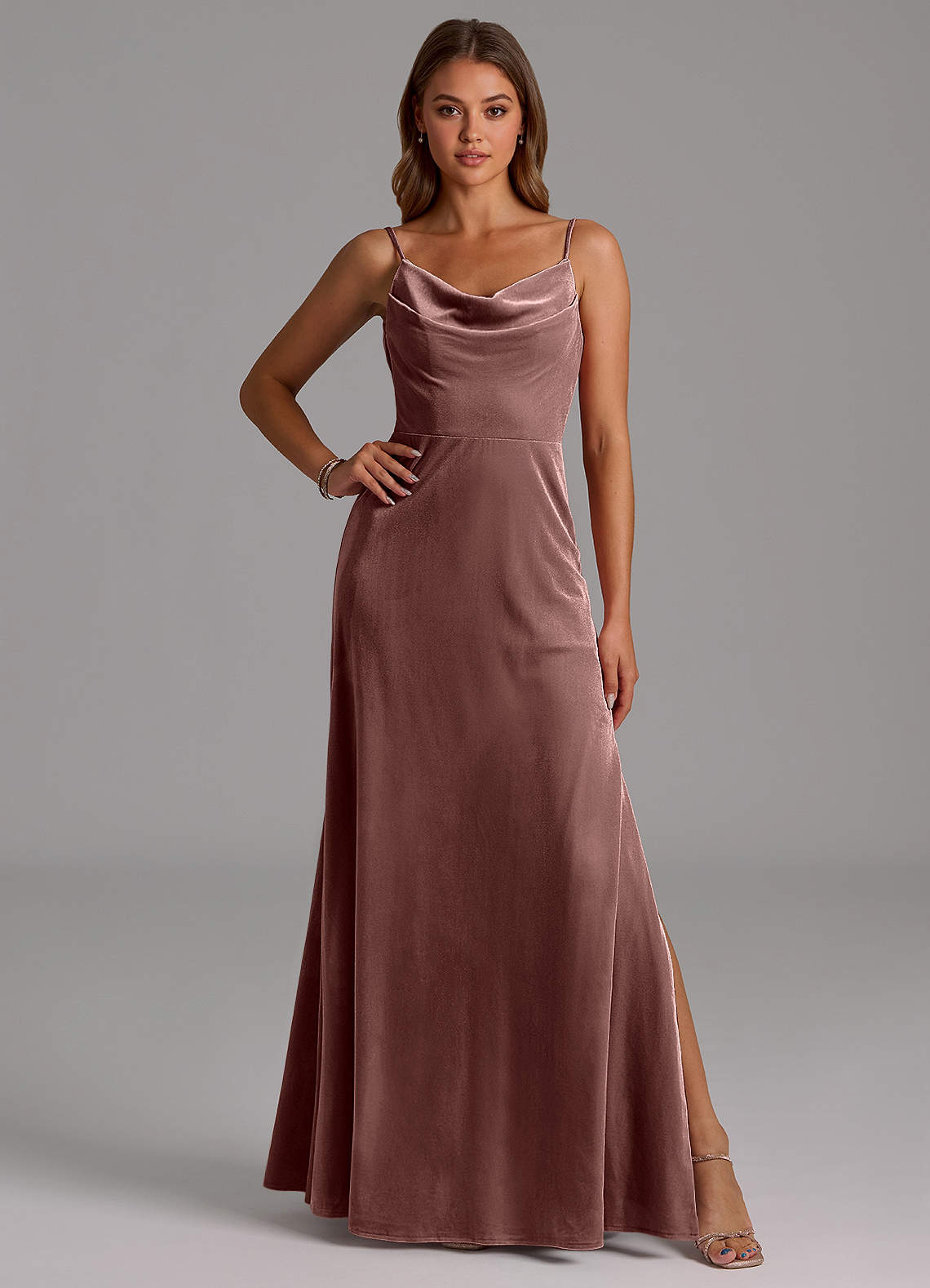 Azazie Olaine Bridesmaid Dresses Espresso A-Line Pleated Velvet Dress image1