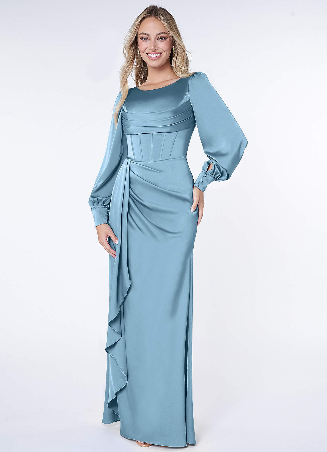 Azazie Raye Bridesmaid Dresses Steel Blue Mermaid Long Sleeve Stretch Satin Dress image1