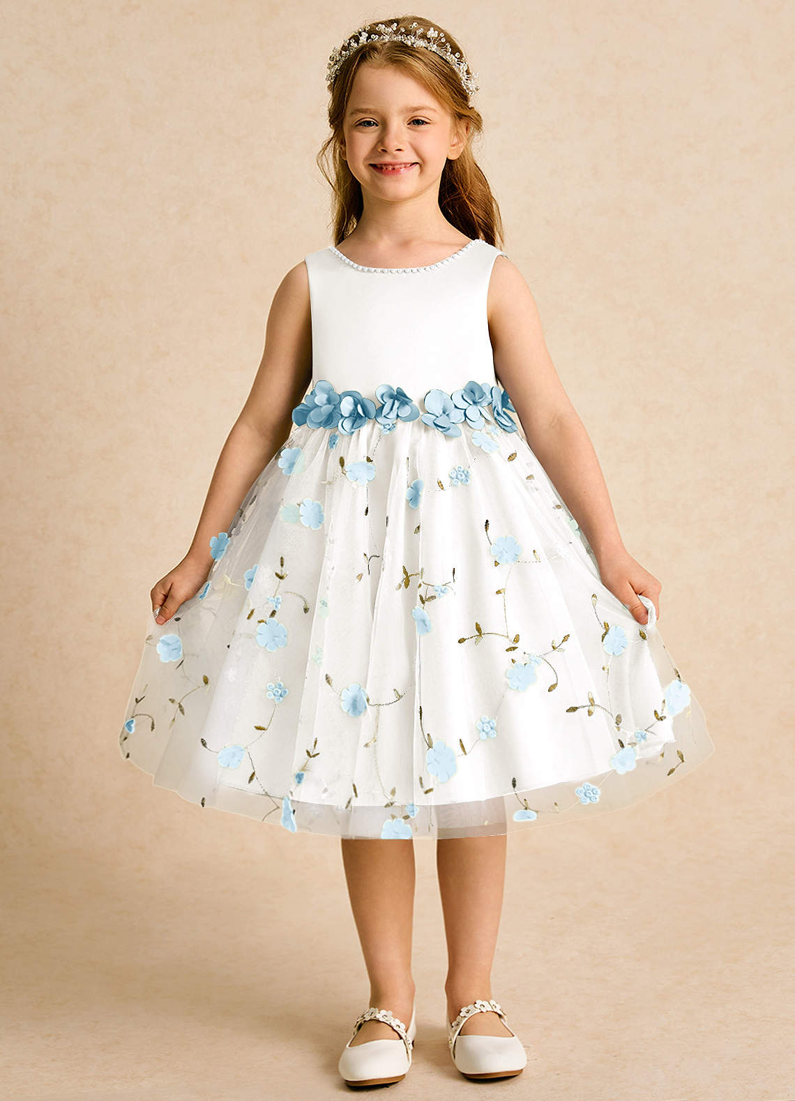 Azazie Starri Flower Girl Dresses Sky Blue Sky Blue Ball-Gown Beaded Matte Satin Dress image1