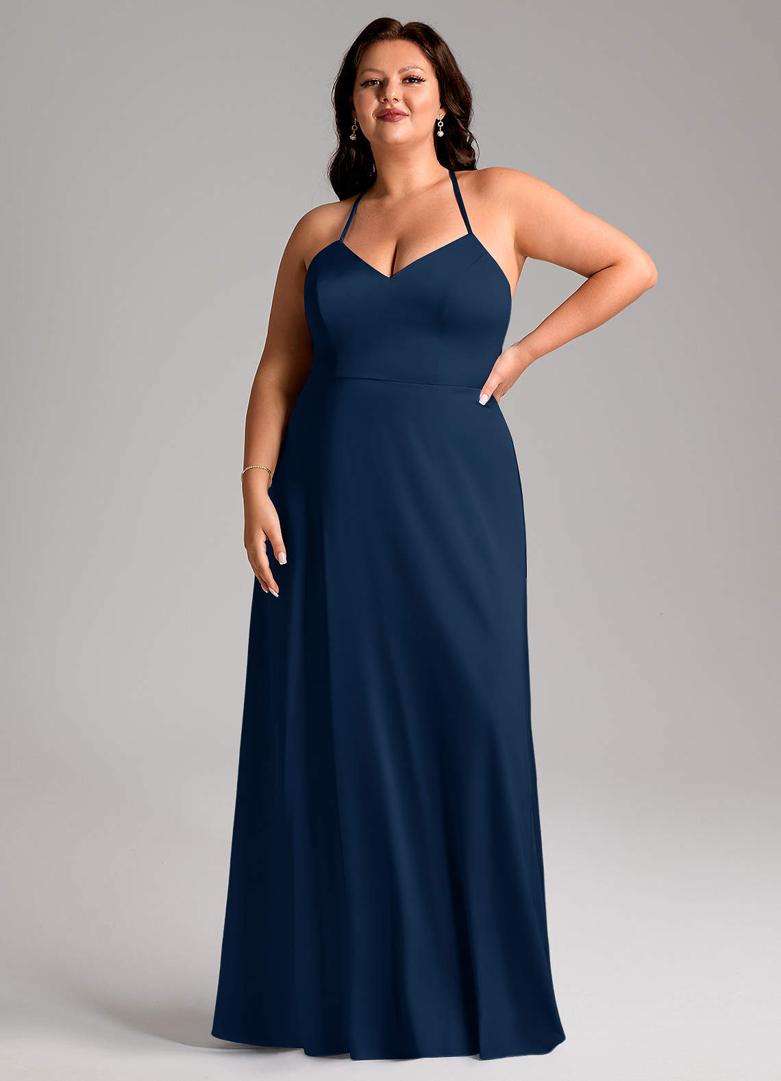 Azazie Mei Abiti da Damigella Abito A-Line in Raso Elasticizzato con Scollo a V Marino Scuro image1