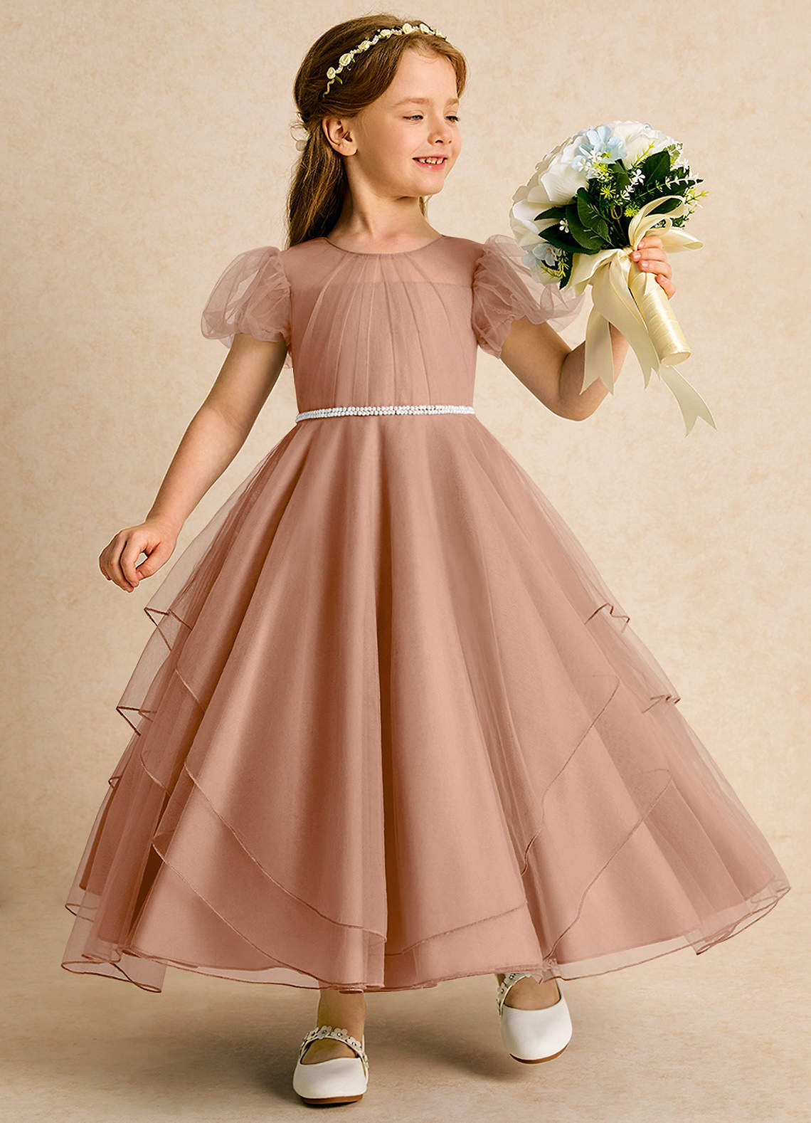 Azazie Duckie Flower Girl Dresses Champagne Rose Ball-Gown Pleated Tulle Dress image1