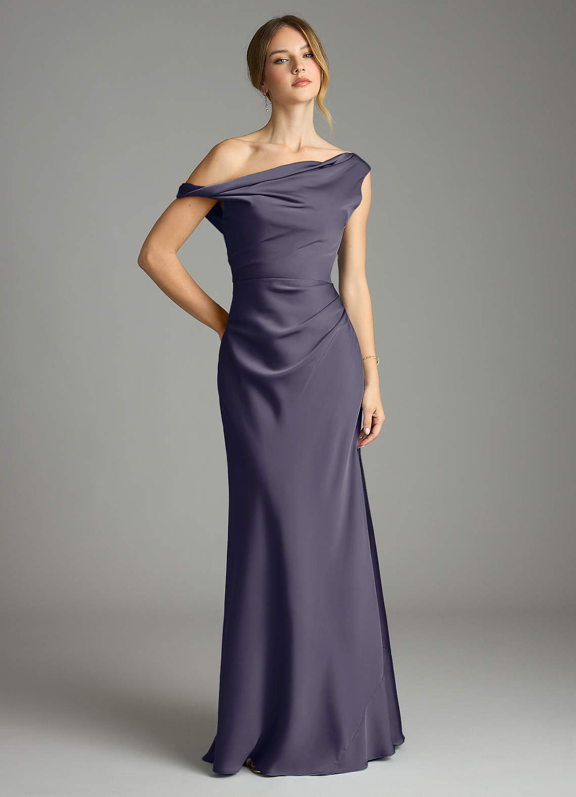 Azazie Emerson Bridesmaid Dresses Stormy Mermaid Off the Shoulder Stretch Satin Dress image1