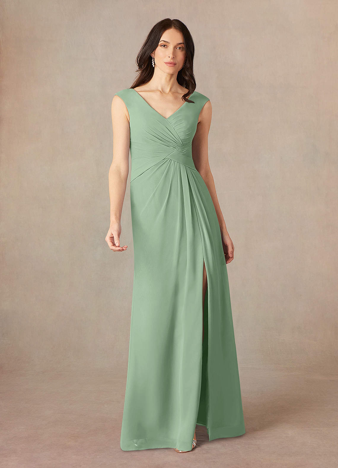 Azazie Sally Kleider für die Brautmutter A-Linie V-Hals Gefaltet Chiffon Kleid Matcha image1