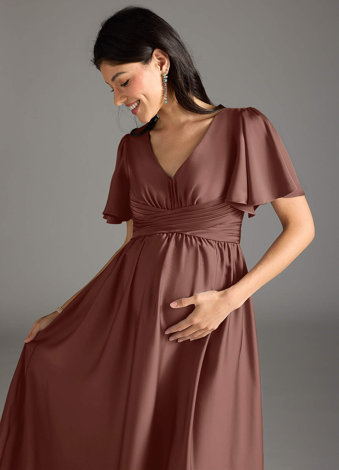Azazie Verna Gravid brudtärna klänningar Klänning A-Line Ruched Golvlängd Stretch Satin image1