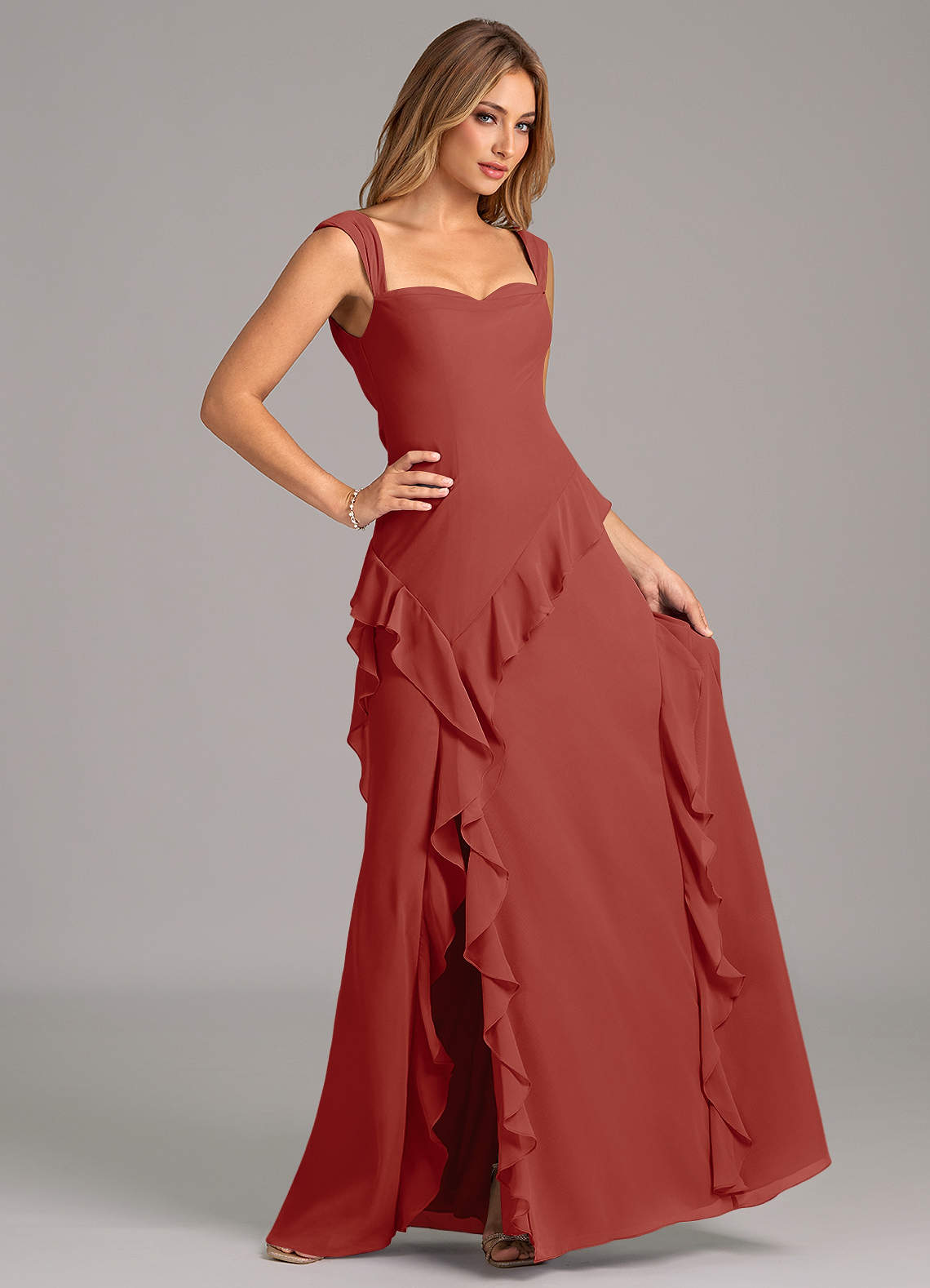 Azazie Sloane At-home Try On Dresses Terracotta A-Line Sweetheart Neckline Chiffon Dress image2
