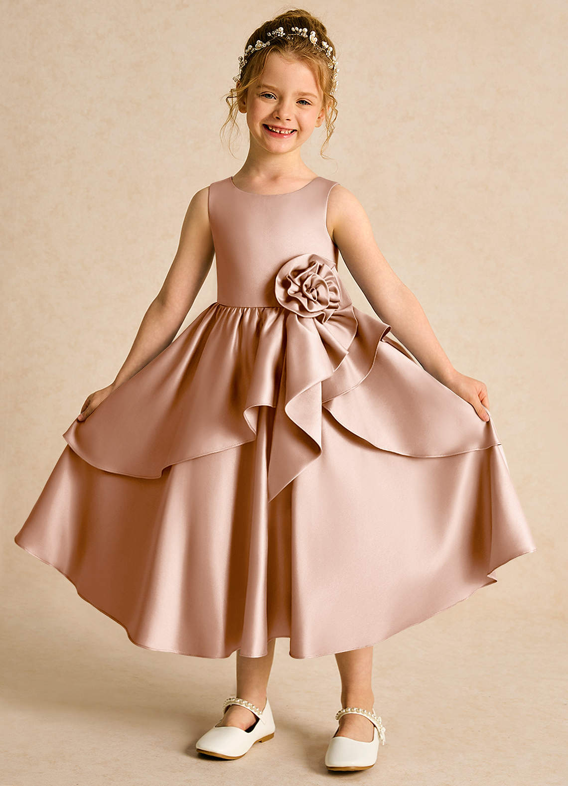 Azazie Hermia Flower Girl Dresses Champagne Rose A-Line Sleeveless Matte Satin Dress image1