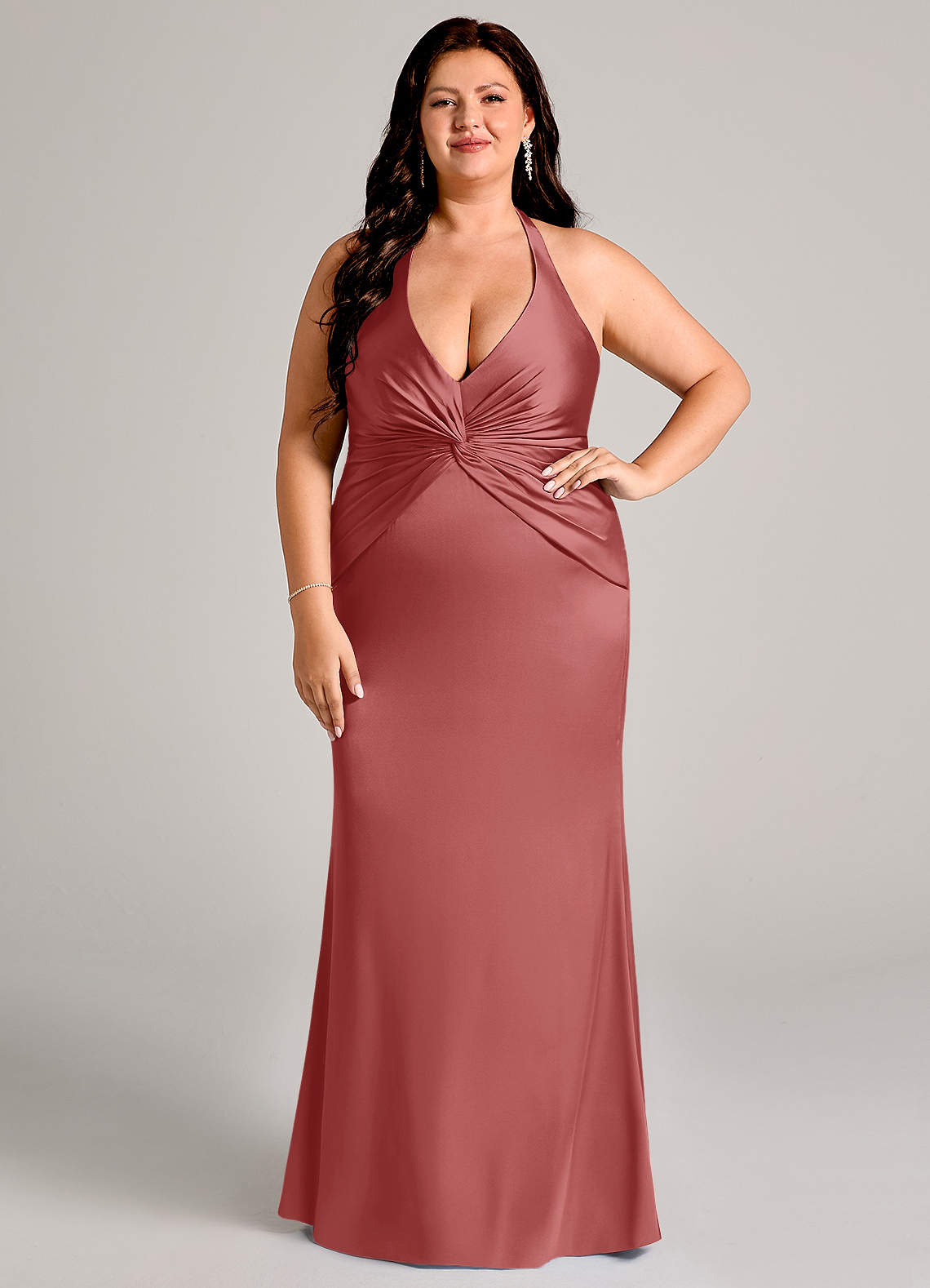 Azazie Valerie Vestidos de damas de honor Vestido de Rosa Antigua de Satén Elástico de Corte Sirena con Plisado image1