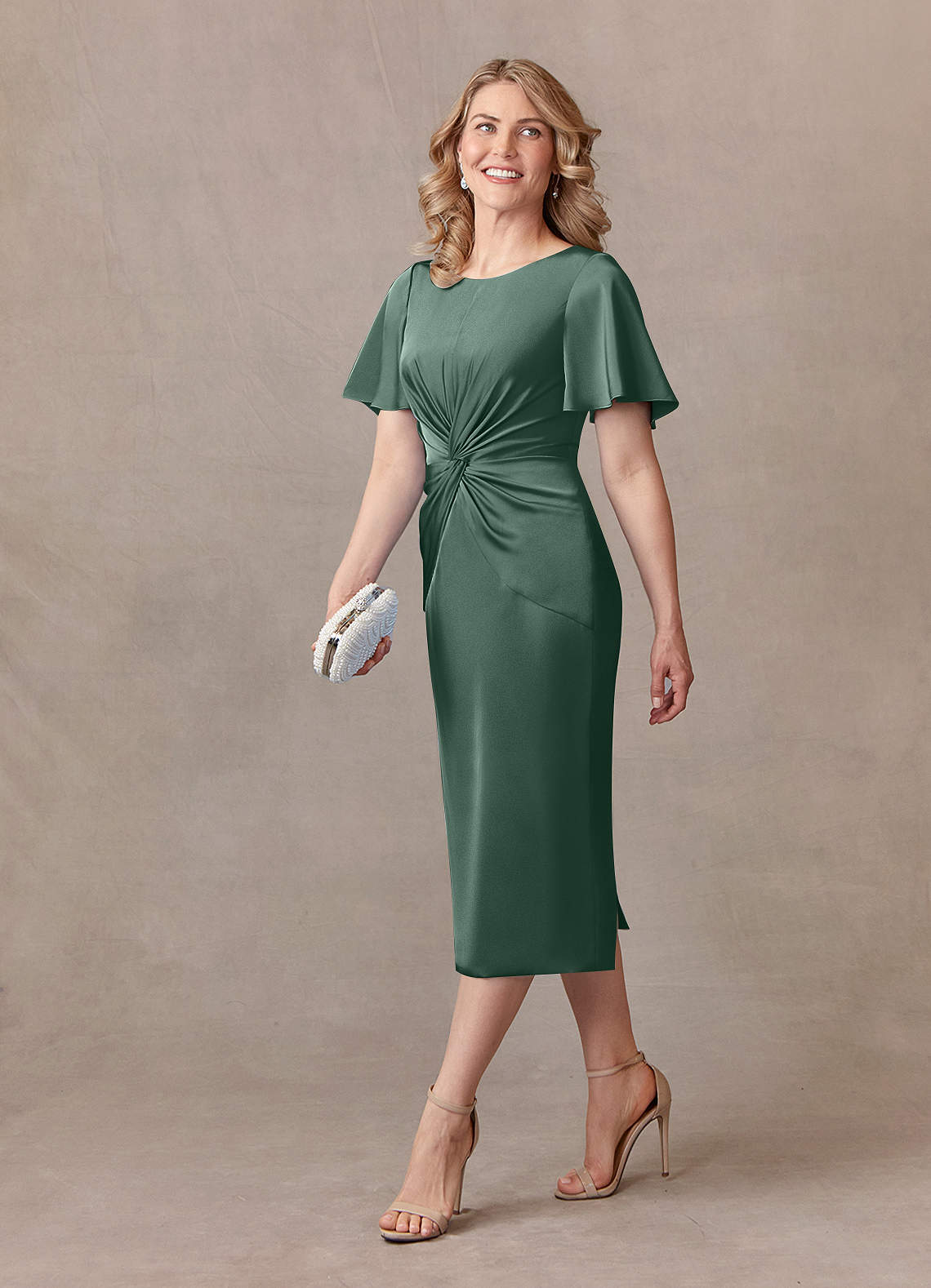 Azazie Everlyn Mother of the Bride Dresses Eucalyptus Sheath Pleated Stretch Satin Dress image1