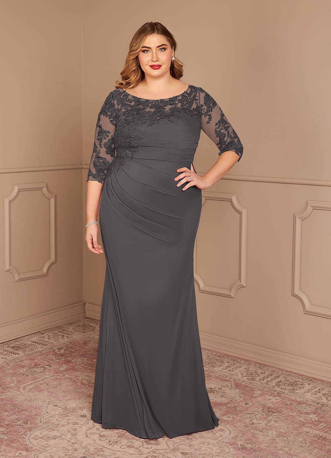 Azazie Alisondra Mother of the Bride Dresses Steel Grey Sheath Scoop Lace Lace Dress image1