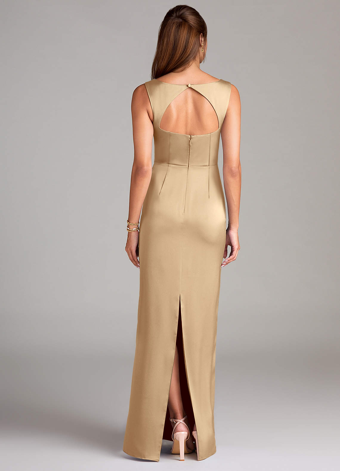 azazie champagne satin dress Azazie Clarice