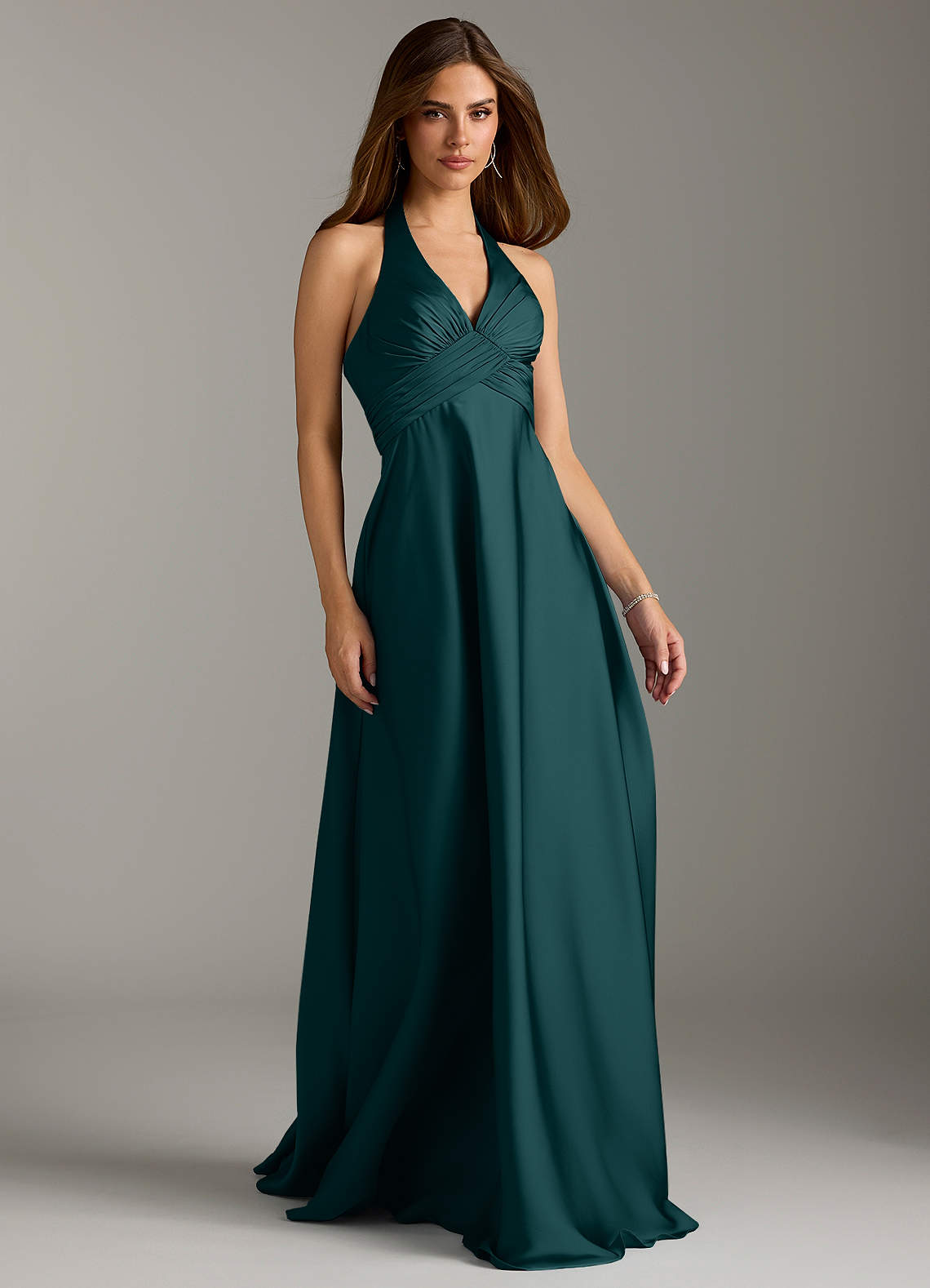 Azazie Tessie Bridesmaid Dresses Pine A-Line Pleated Stretch Satin Dress image1