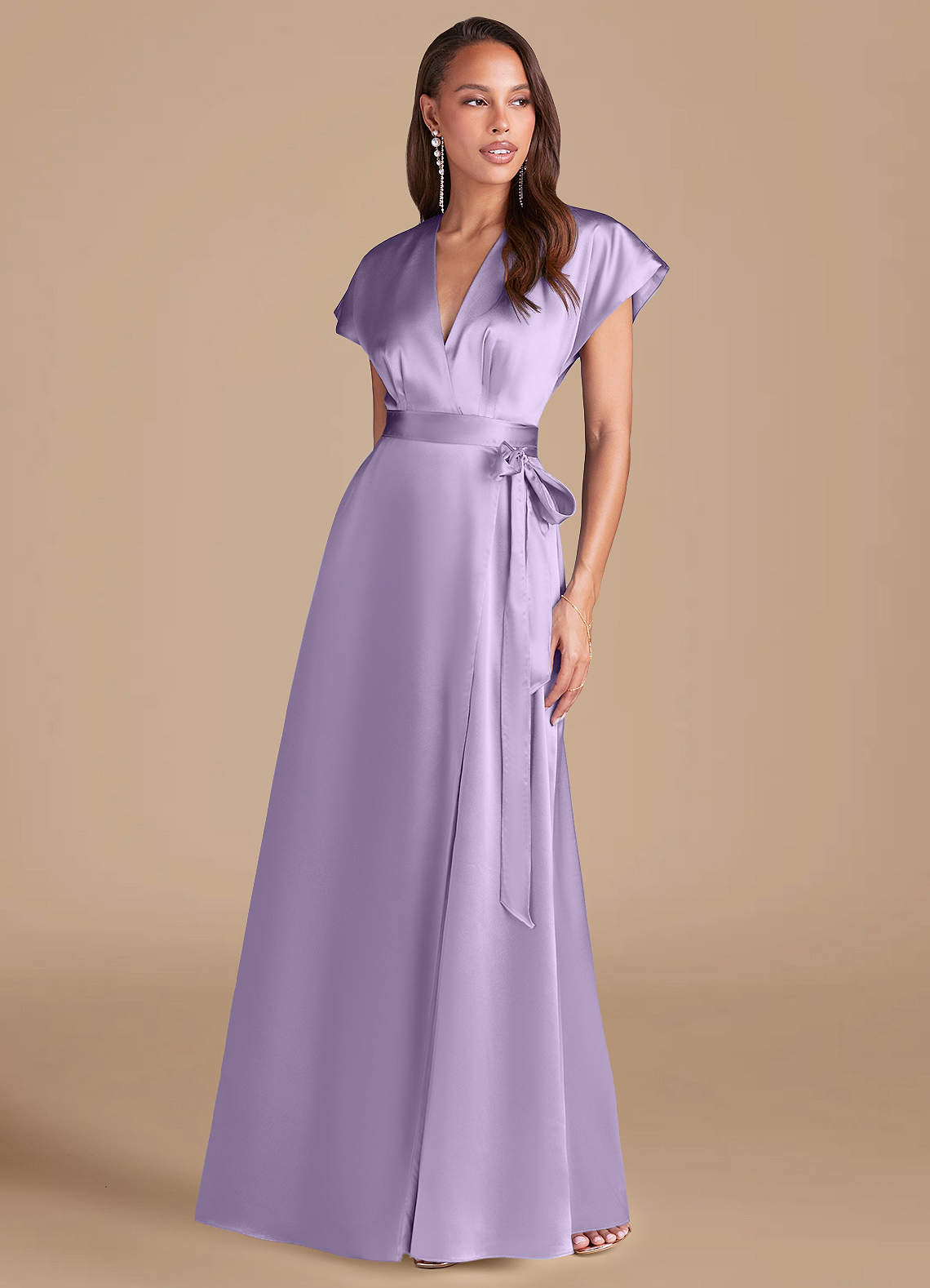 Azazie Nico Brautjungfernkleider A-Linie Plissee Metallischer Satin Kleid Flieder image1