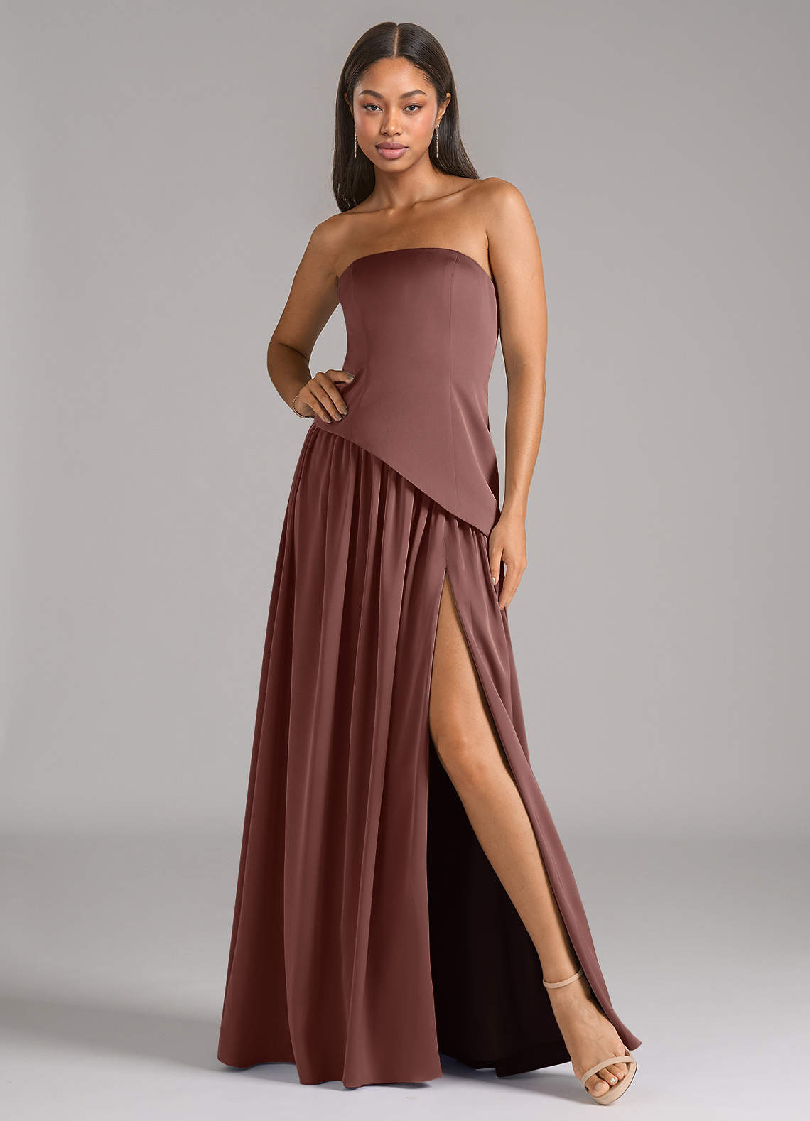 Azazie Adeline Bridesmaid Dresses Espresso A-Line Strapless Stretch Satin Convertible Dress image1