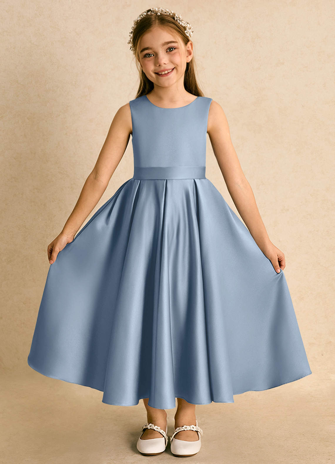 Azazie Junebuj vestidos de niña de las flores Vestido de Azul Polvoriento de Satin Mate de Princesa con Plisado image3