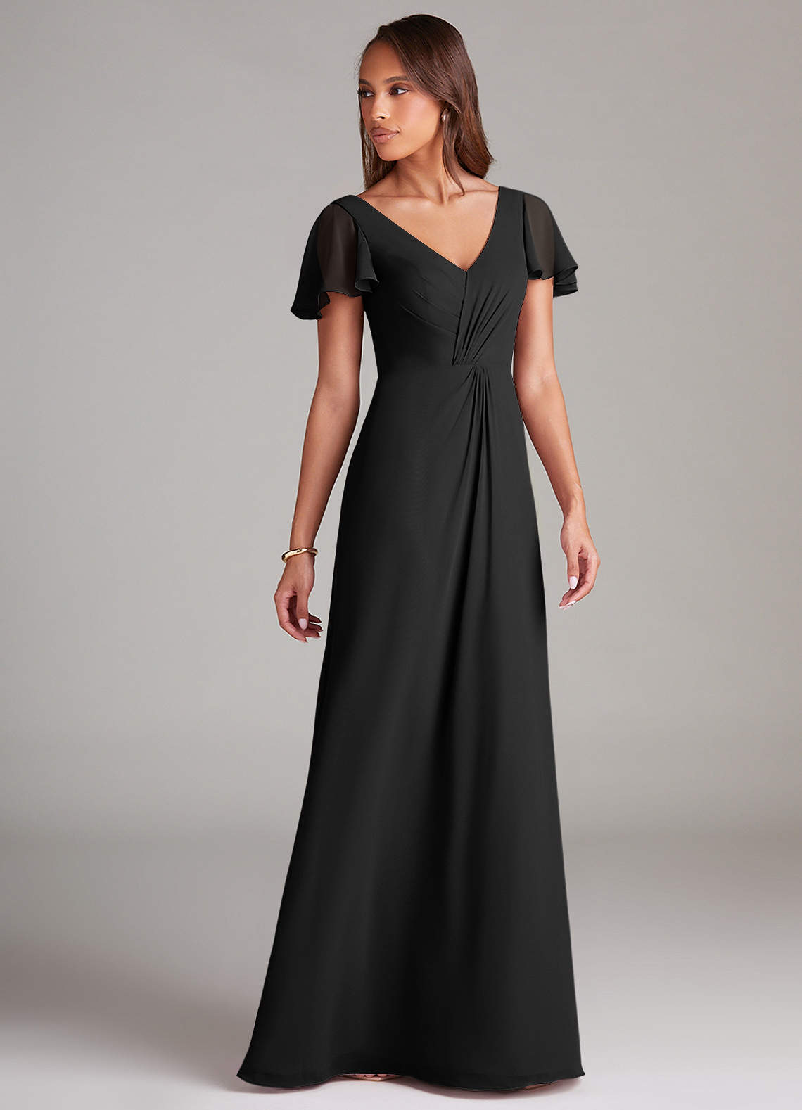 Azazie Soren At-home Try On Dresses Black A-Line Ruched Chiffon Dress image3