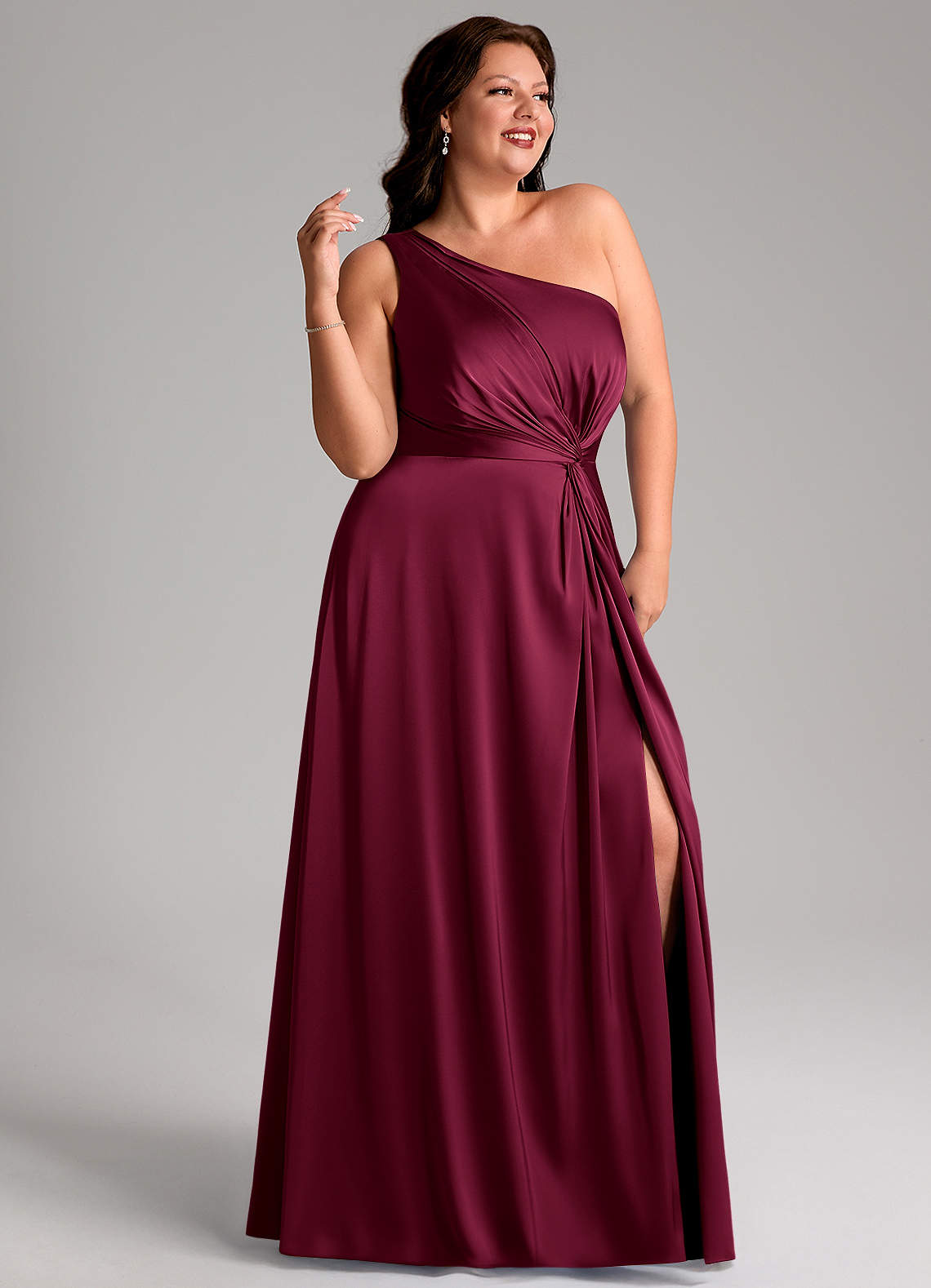 Azazie Brooke Bridesmaid Dresses Burgundy A-Line One Shoulder Stretch Satin Dress image11