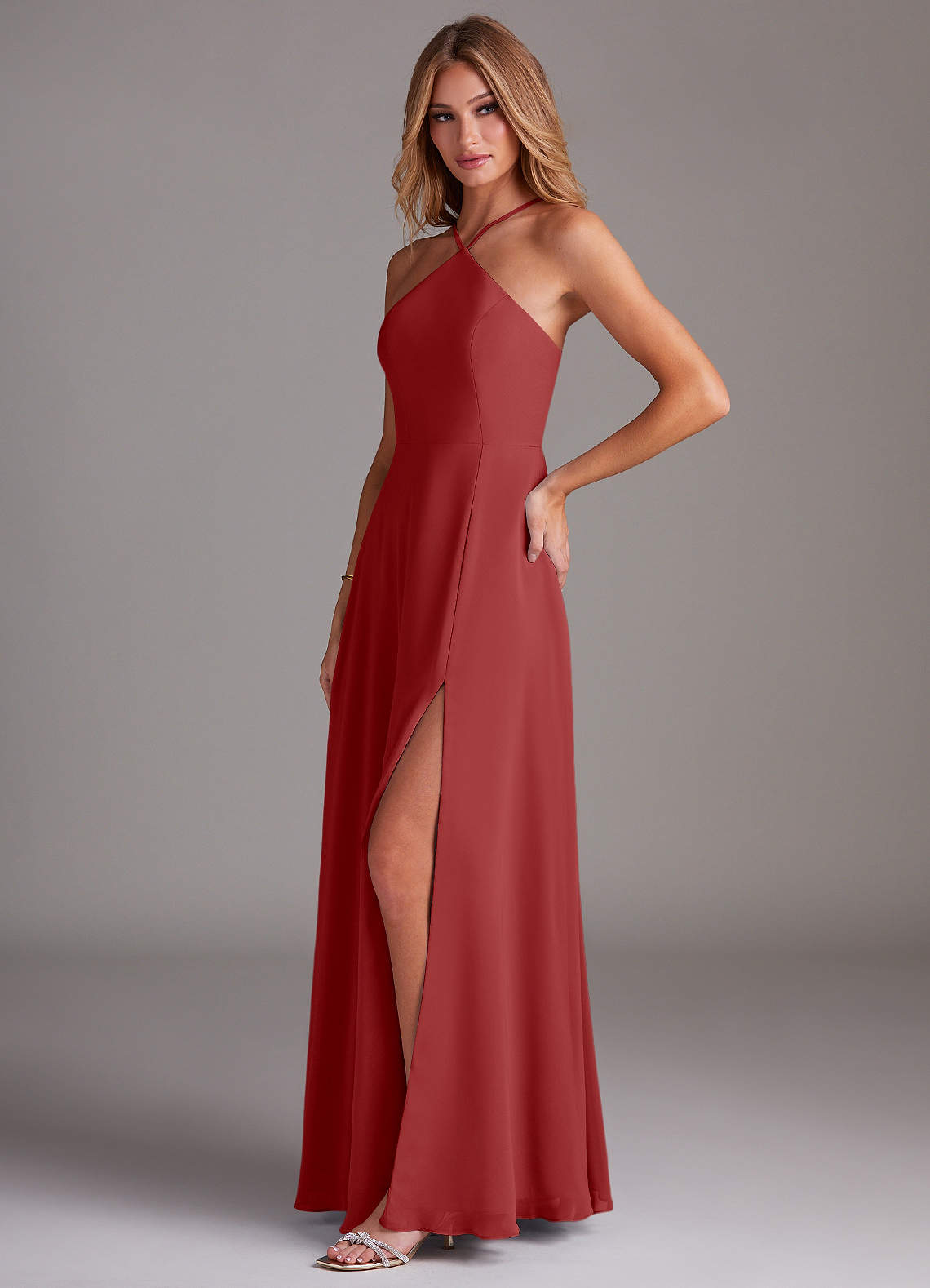 rust halter dress Azazie Bailey