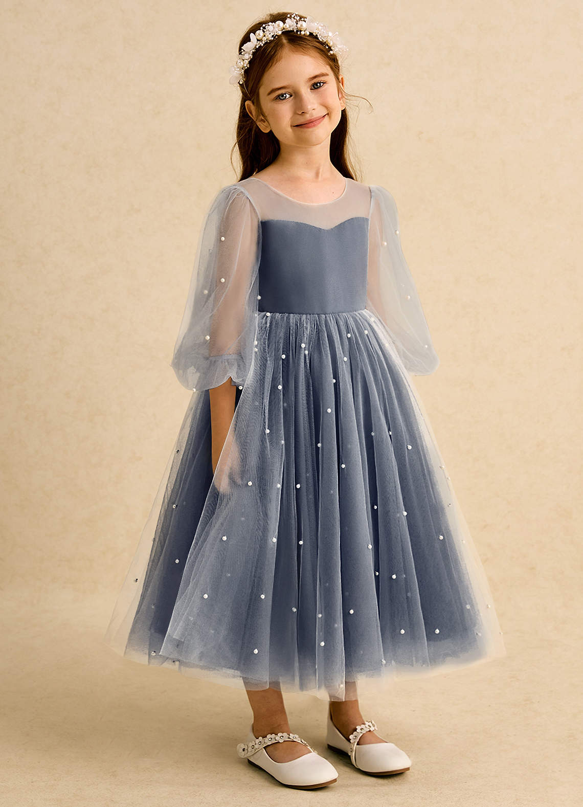Azazie Trudy Flower Girl Dresses Dark Navy Ball-Gown Sweetheart Neckline Tulle Dress image1