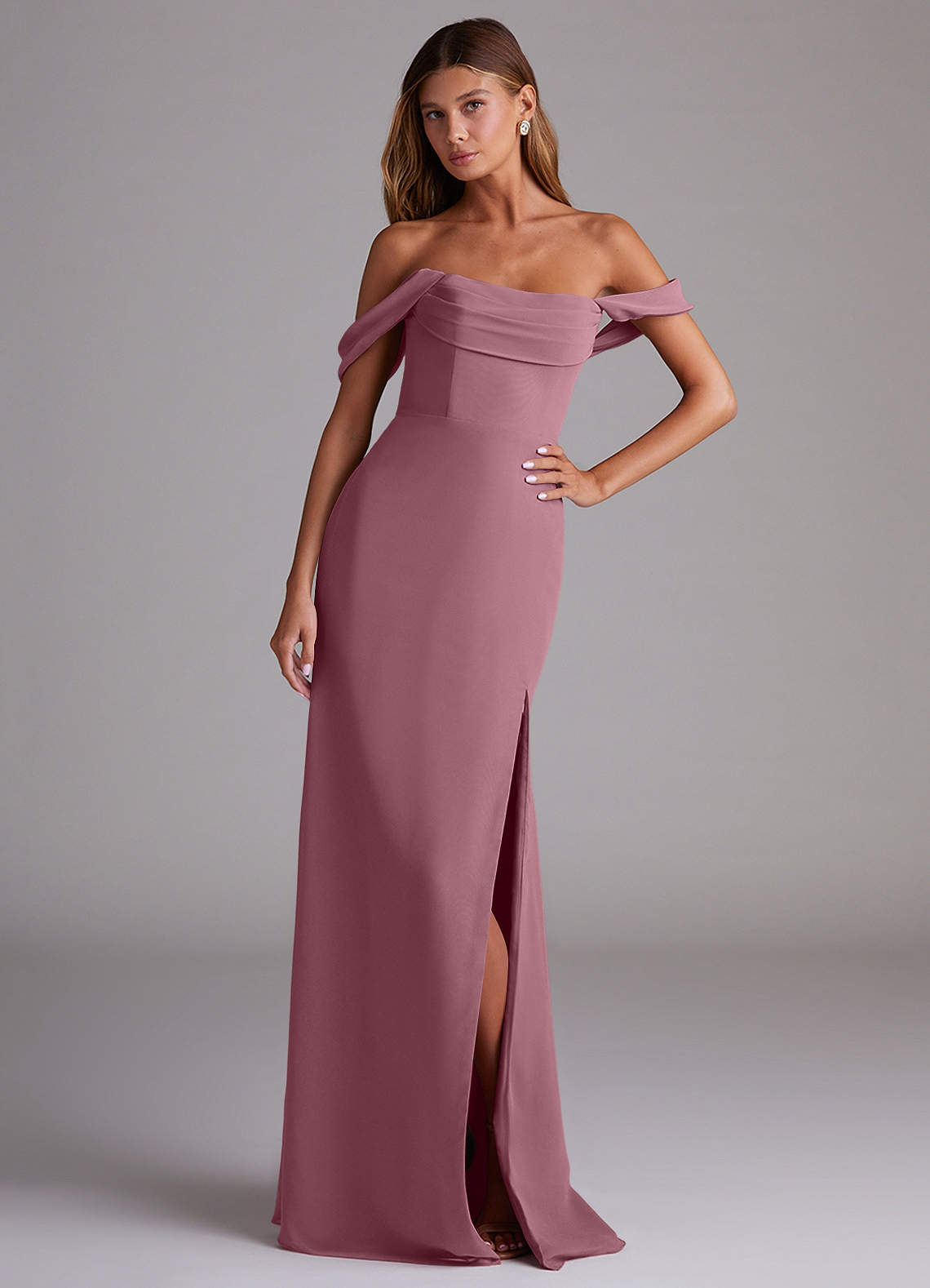 off the shoulder mauve bridesmaid dresses Azazie Saige it gently contours the