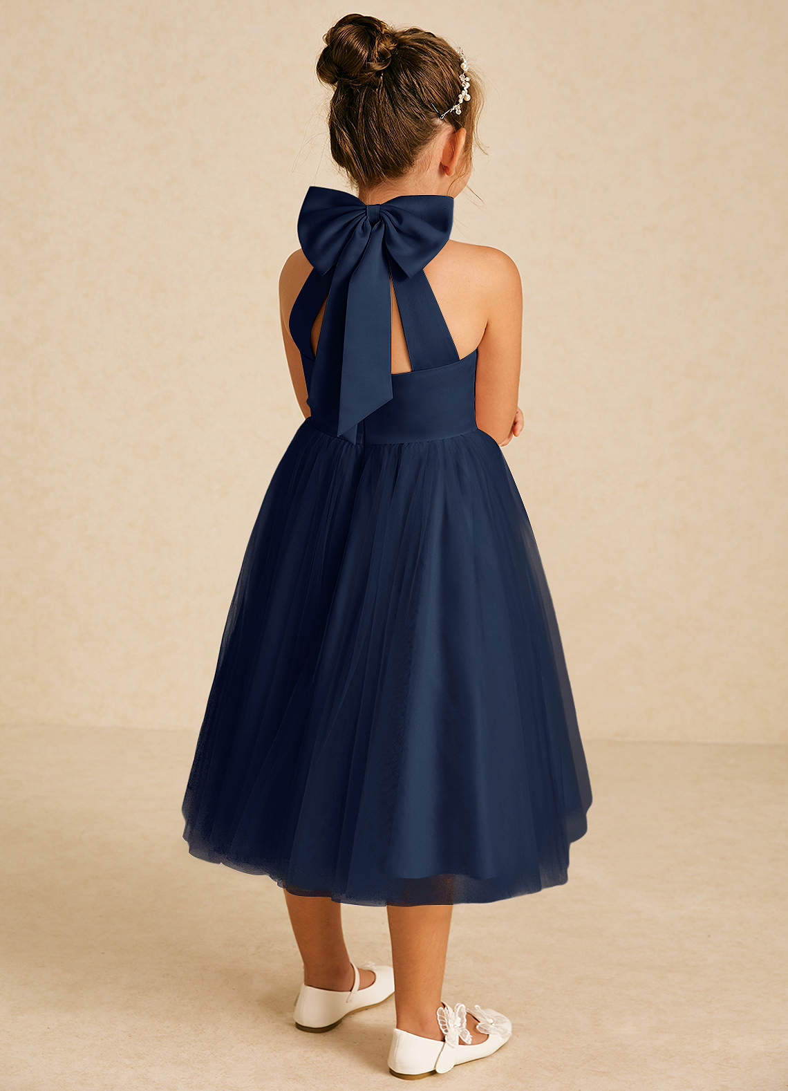 Azazie Dora Flower Girl Dresses Dark Navy A-Line Bow Tulle Dress image1