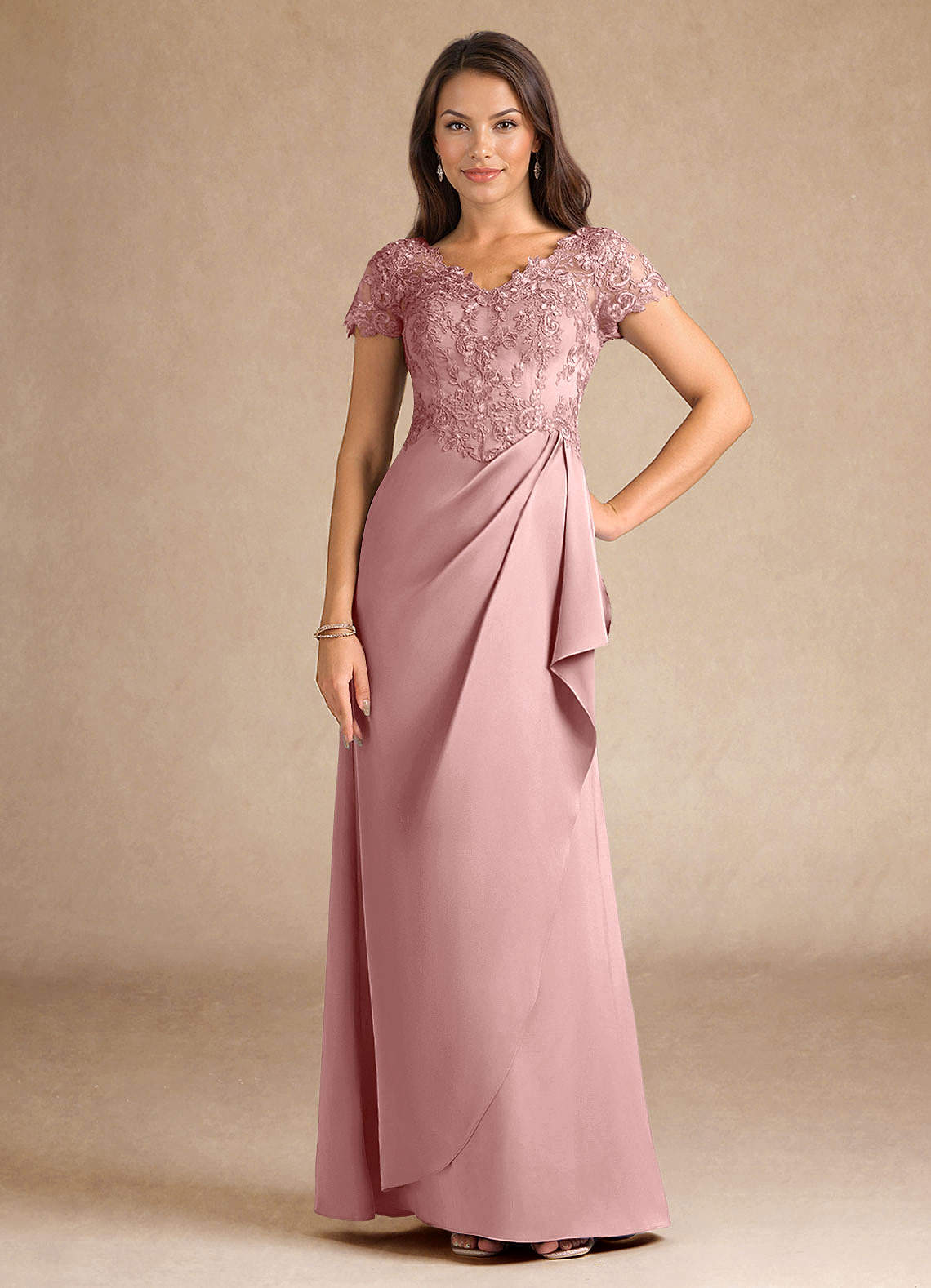 Azazie Santa Ana Mother of the Bride Dresses Dusty Rose A-Line Lace Stretch Satin Dress image1