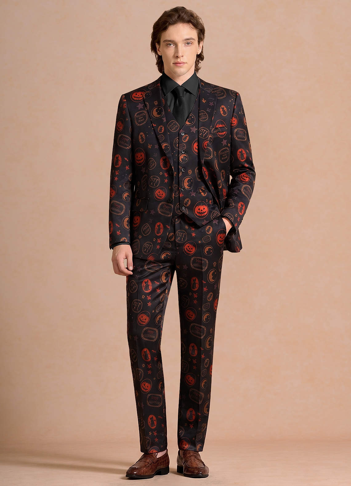 front Caleb Black Vintage Halloween Print 3-Piece Suit