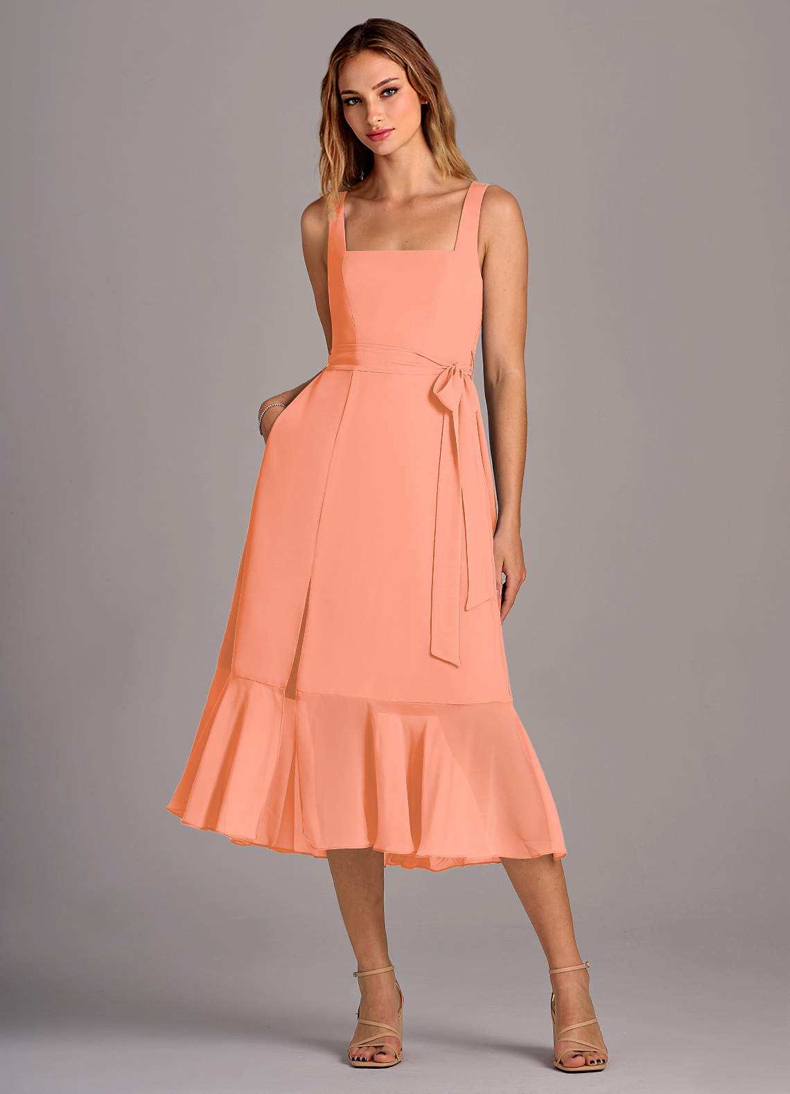 Azazie Deb Bridesmaid Dresses Sunset A-Line with Pockets Chiffon Convertible Dress image1