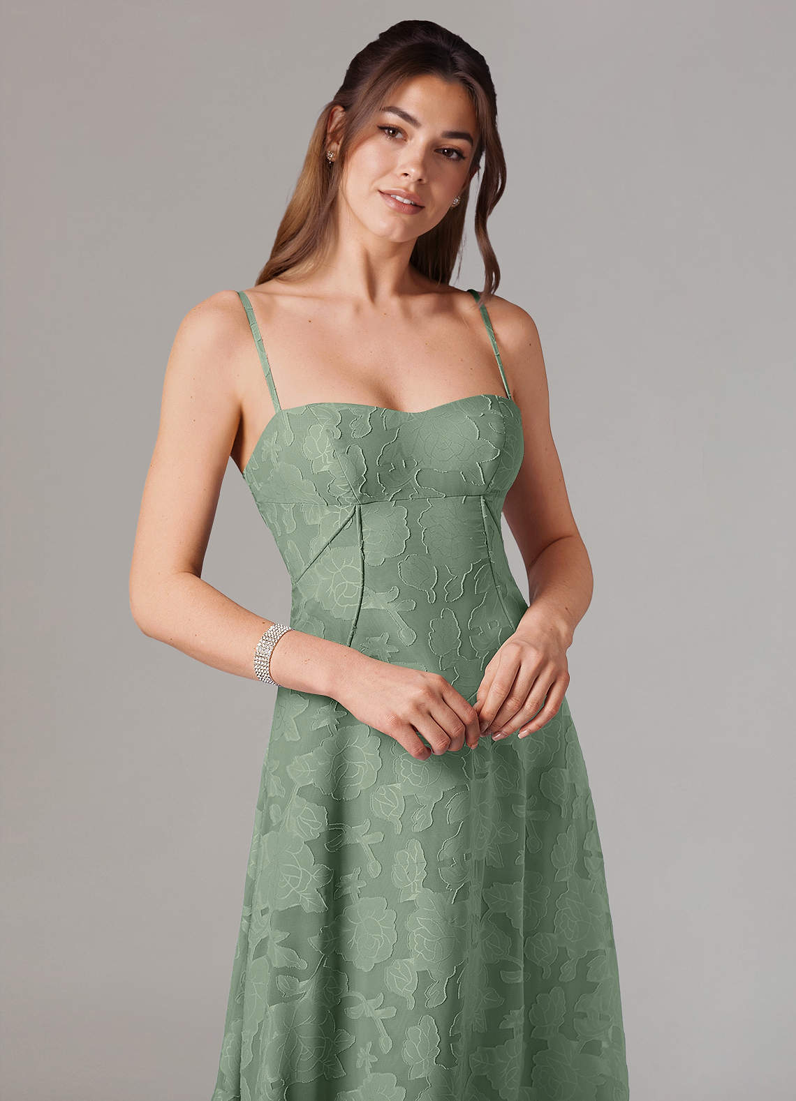Azazie Valentine Bridesmaid Dresses Matcha A-Line Sweetheart Neckline Floral Burnout Dress image1