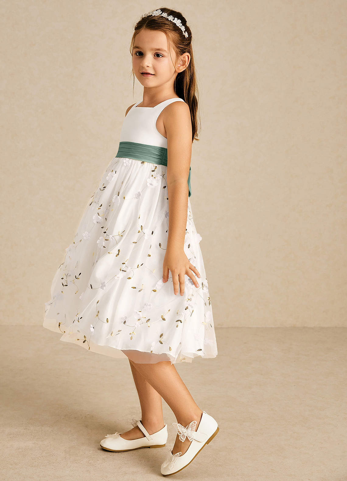 Azazie Pollie Flower Girl Dresses Ivory Eucalyptus A-Line Bow Tulle Dress image4