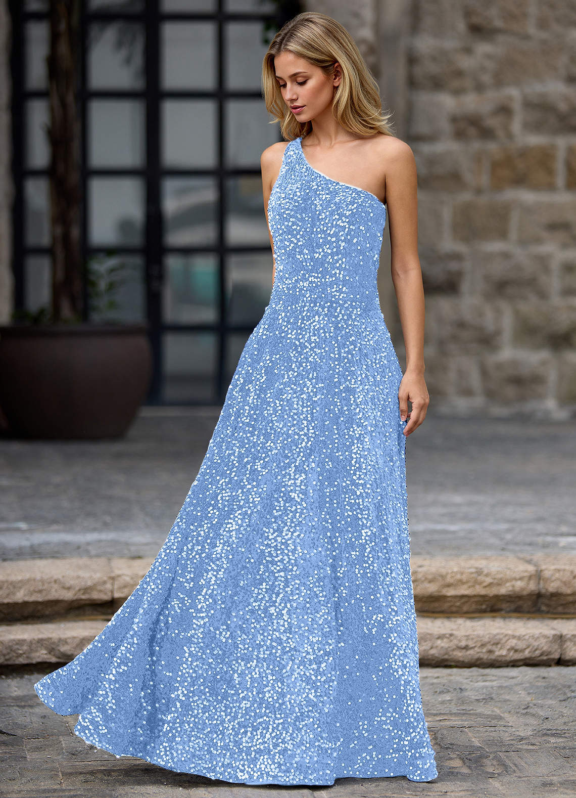 Opulent Hellblau Ballkleid aus Samt mit Pailletten image1