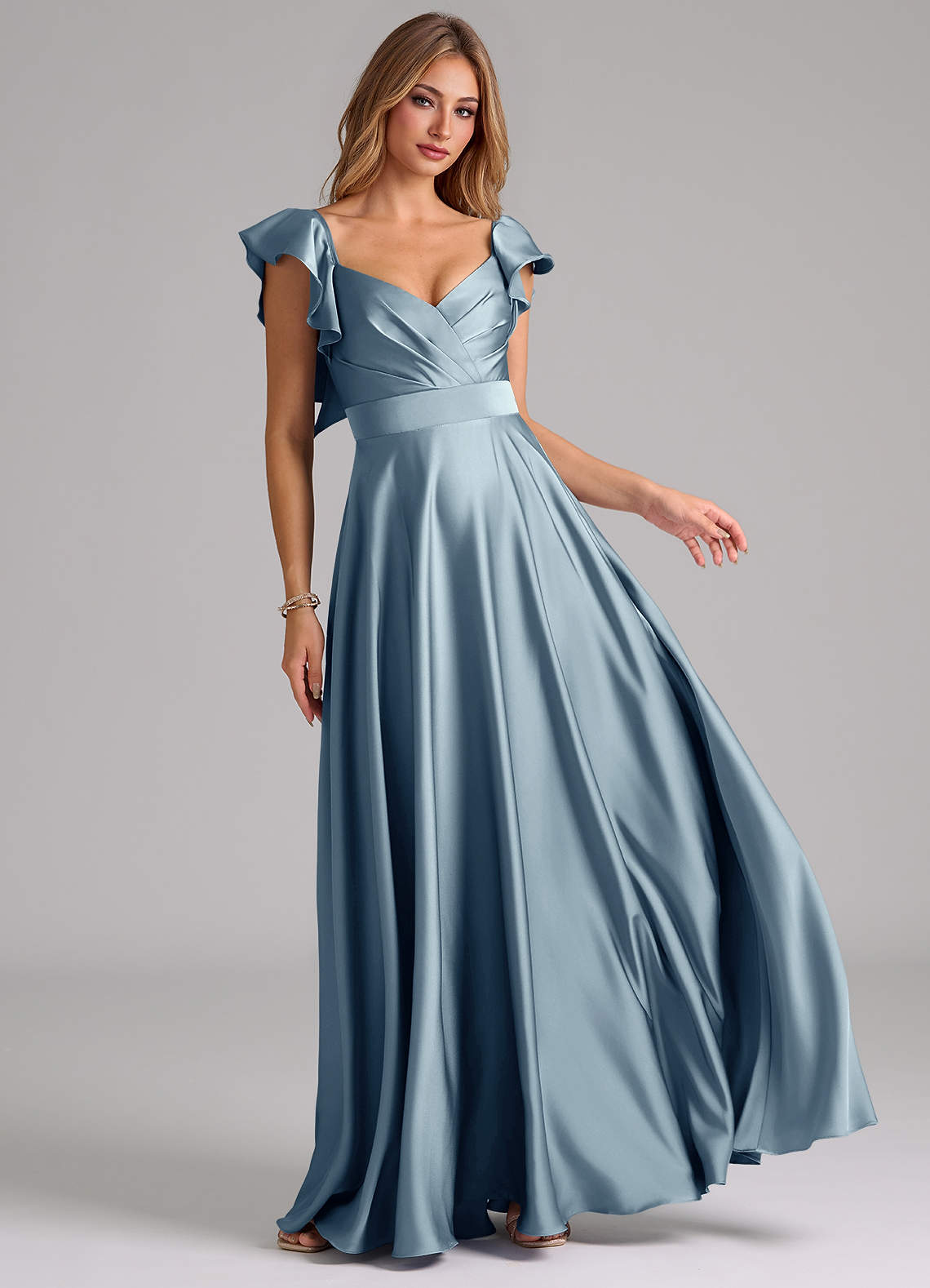 Azazie Leilani Dusty Blue Stretch Satin Bridesmaid Dresses | Azazie UK