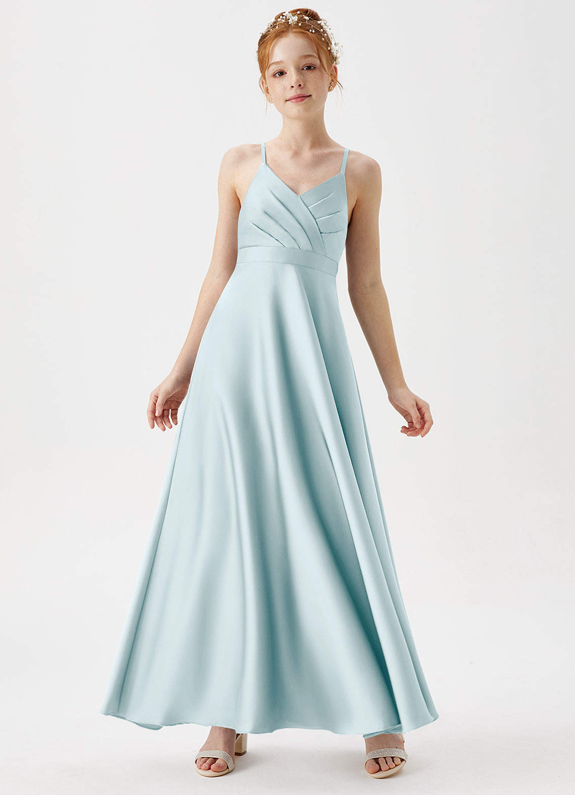 Azazie Avelina Junior A-Linie Plissee Stretch-Satin Kleid Seegrün image1