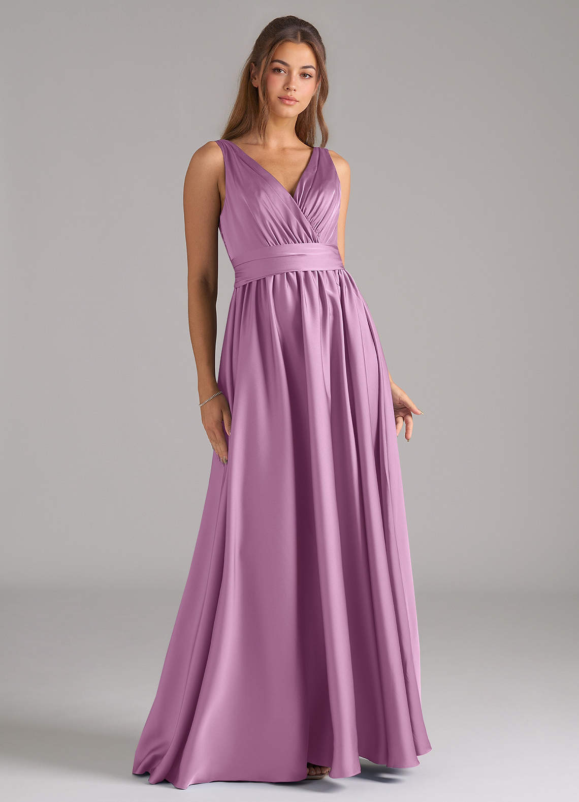 Azazie Kora Bridesmaid Dresses Wisteria A-Line Pleated Stretch Satin Dress image1