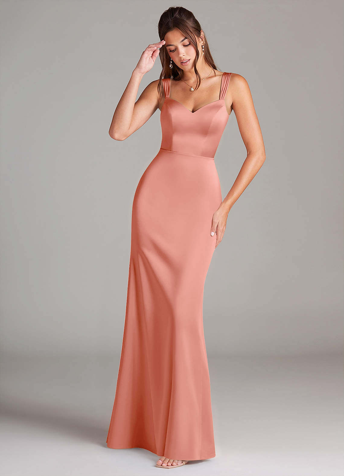 Azazie Denice Bridesmaid Dresses Coral Sheath Pleated Stretch Satin Dress image1
