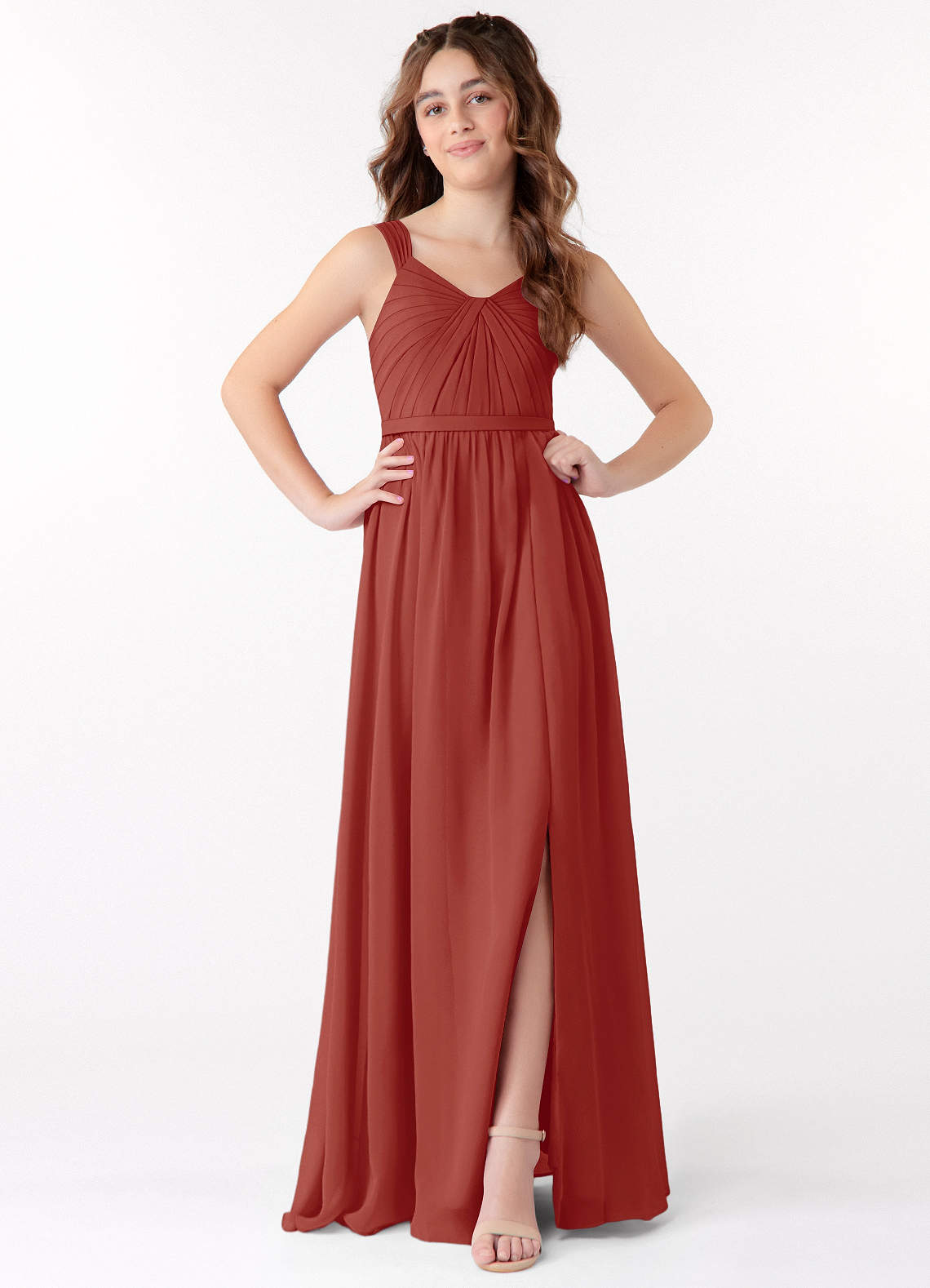 Azazie Evie Junior Terracotta A-Line Pleated Chiffon Dress image1