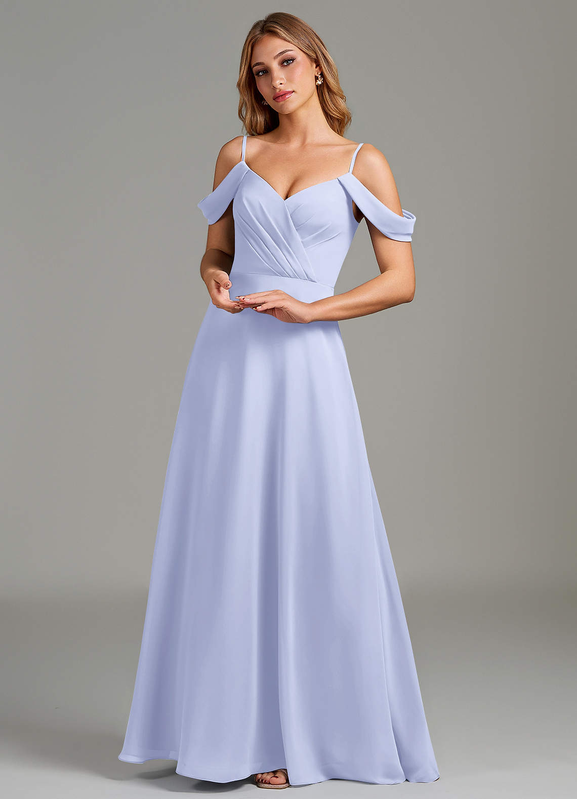 lavender off the shoulder bridesmaid dresses Azazie Julianne Chiffon The delicate lavender color