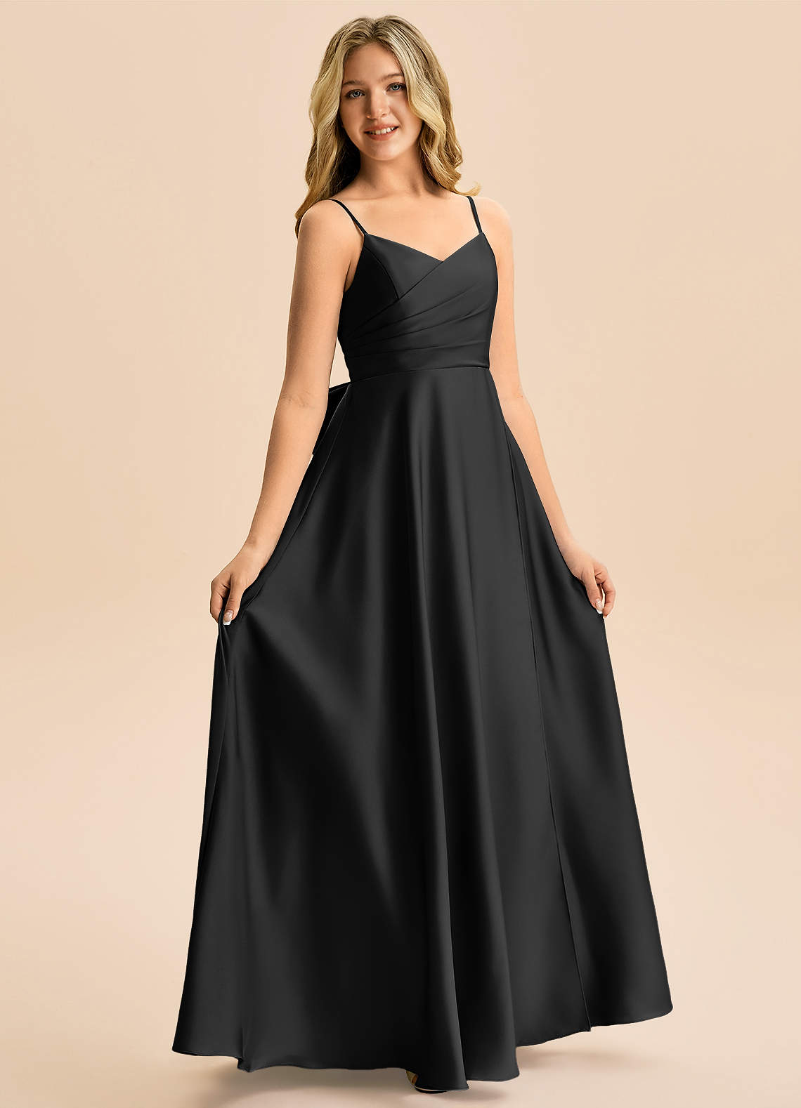 Azazie Rumi Junior Klä av A-Line i Stretch Satin Plisserad image4