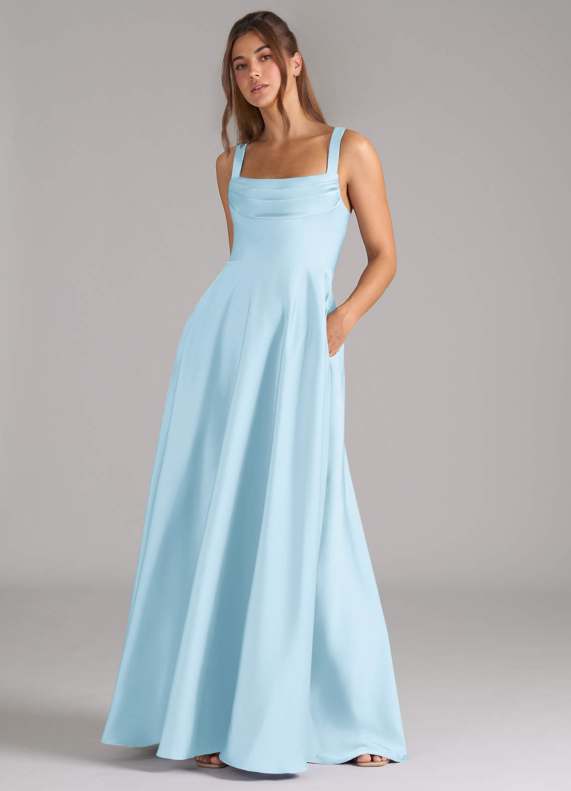 Azazie Shaude Bridesmaid Dresses Sky Blue A-Line Pleated Stretch Satin Dress image3