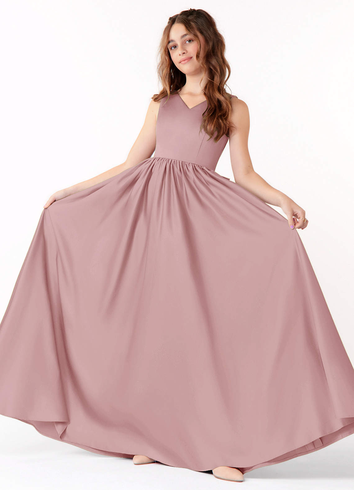 Azazie Hathaway Junior Dusty Rose A-Line Bow Matte Satin Dress image1