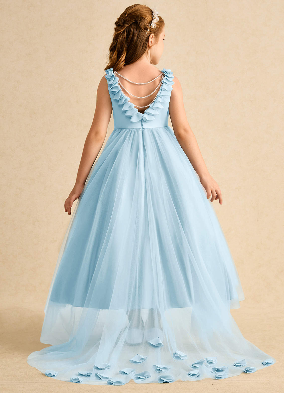 Azazie Lorita Blumenmädchenkleider A-Linie Mit Perlen Tüll Kleid Himmelblau image1
