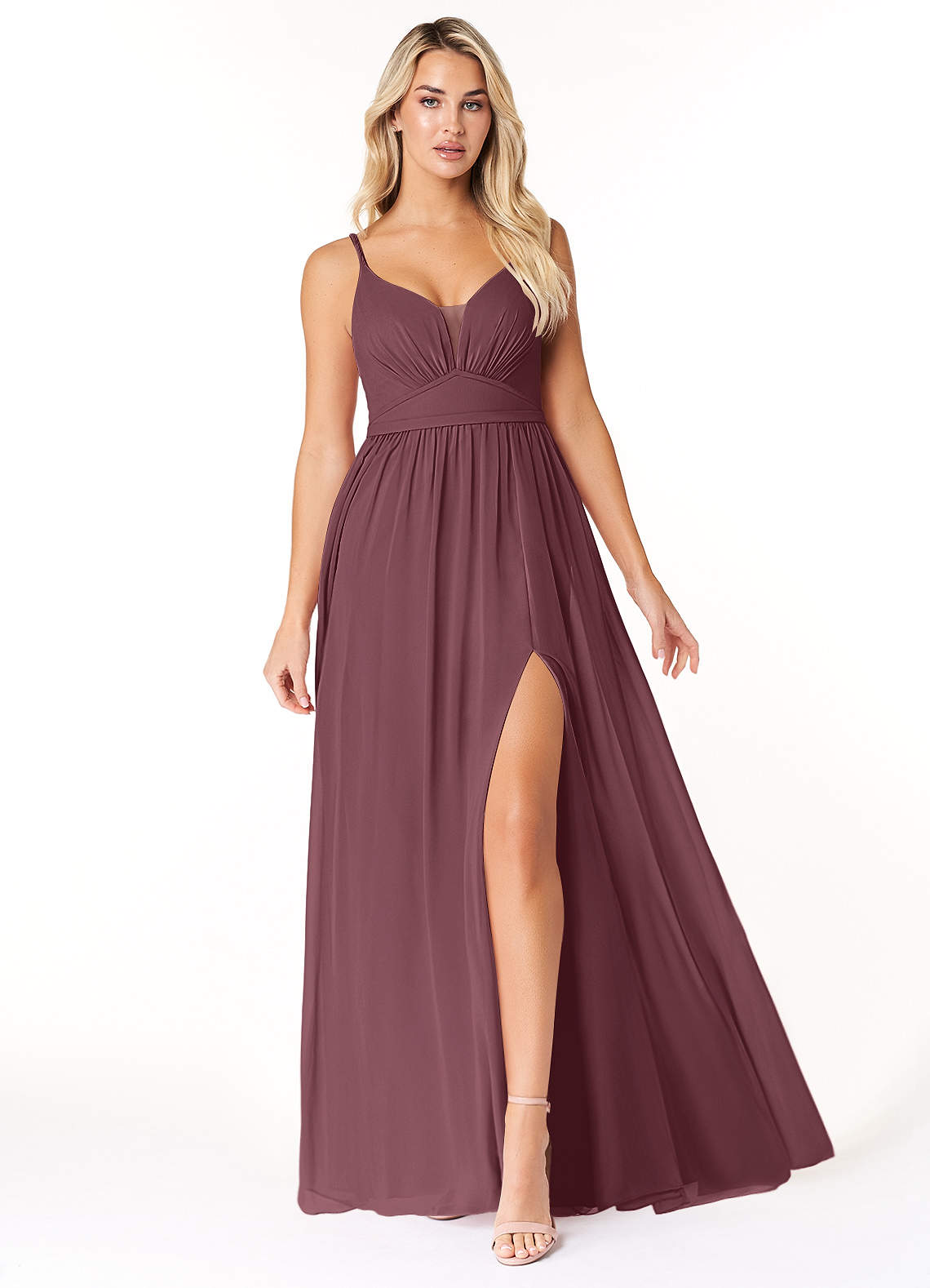 Azazie Rayna Bridesmaid Dresses Sangria A-Line V-Neck Pleated Chiffon Dress image1