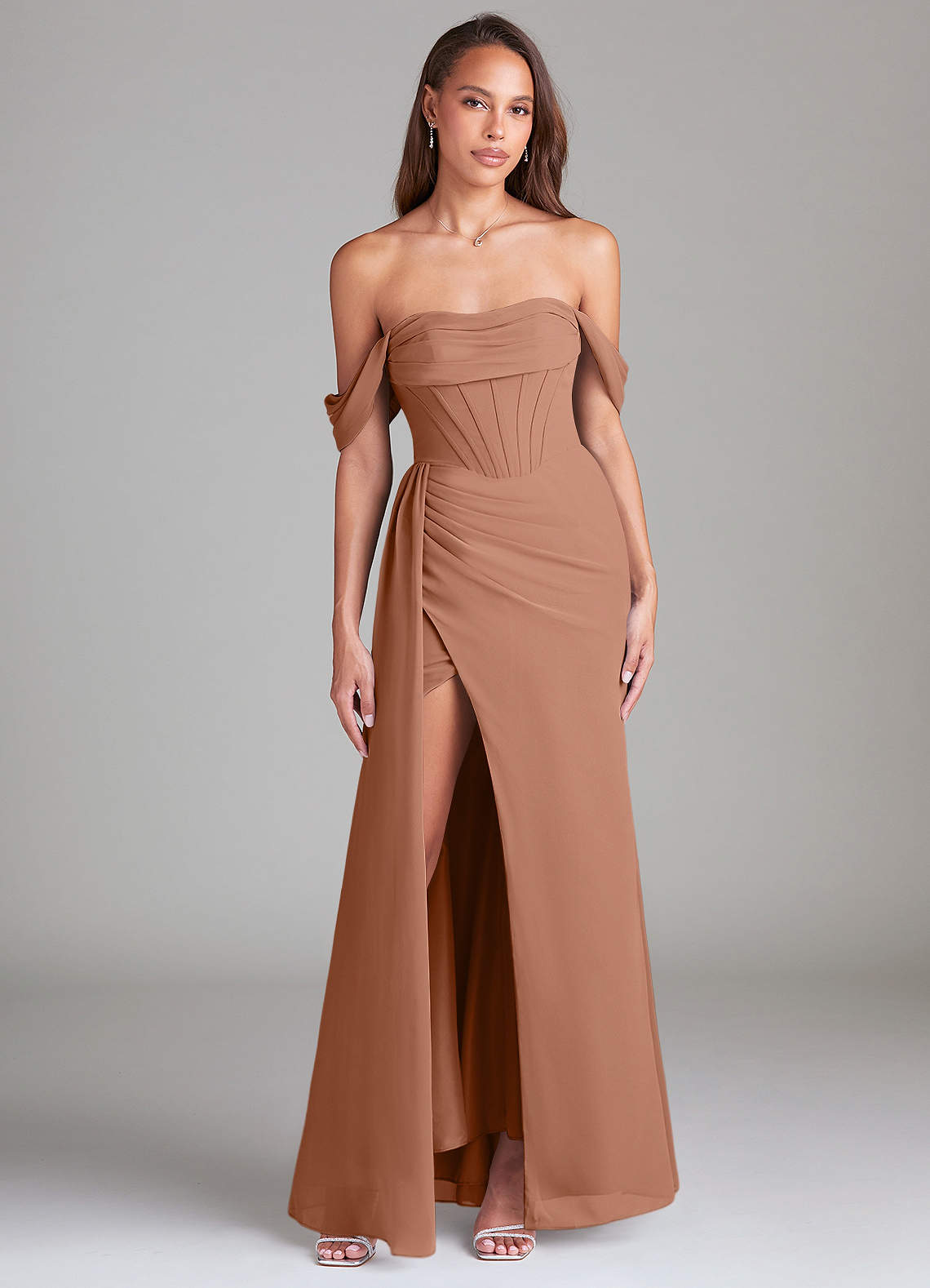 Azazie Amyra Brautjungfernkleider Wandelbar Etui Schulterfrei Chiffon Kleid Bronzer image1
