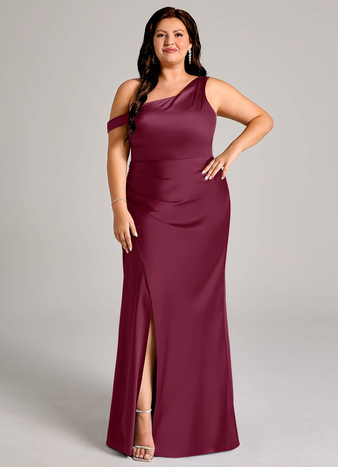 Azazie Madelyn Bridesmaid Dresses Mulberry Mermaid One Shoulder Stretch Satin Convertible Dress image1