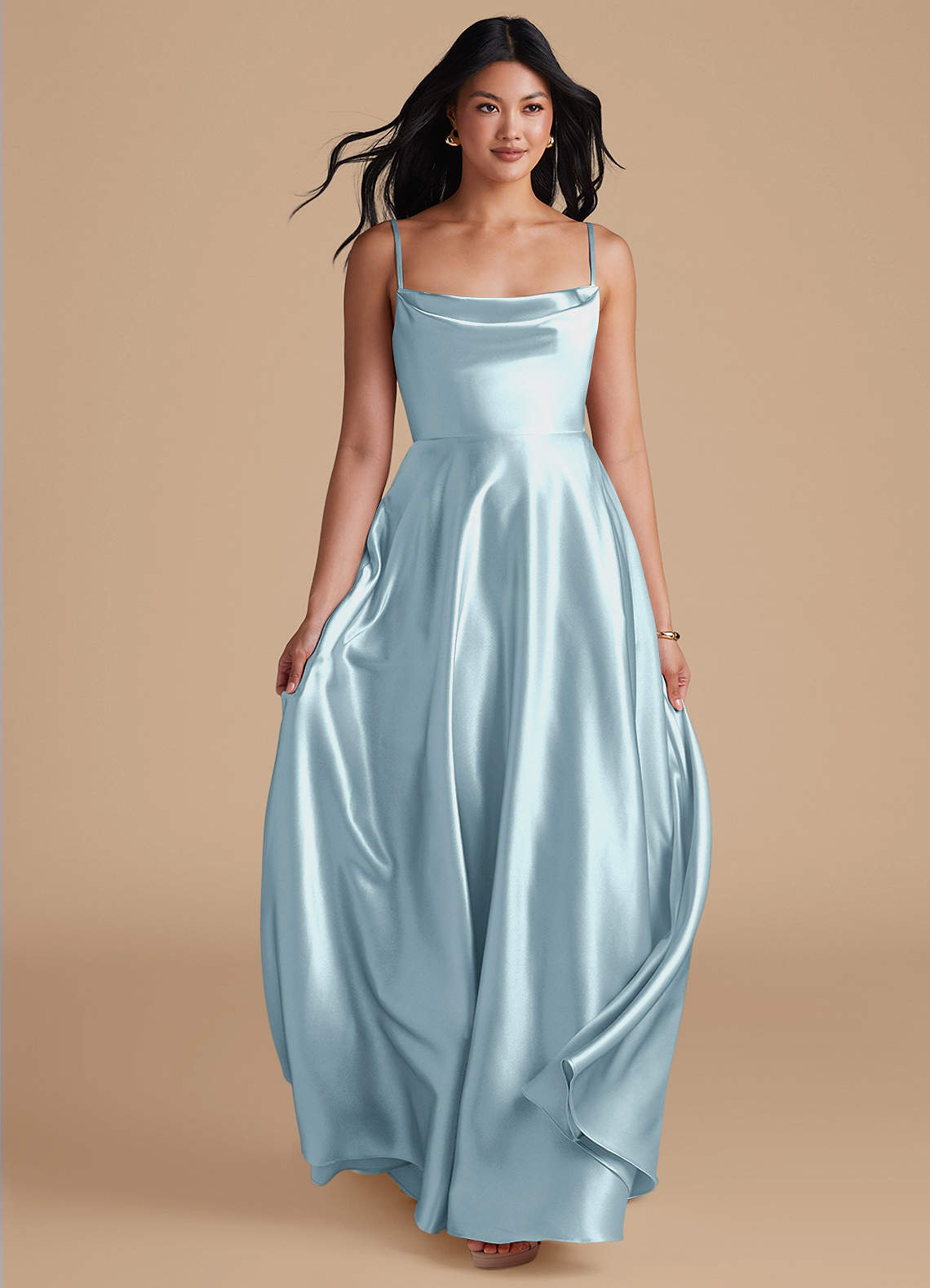 Azazie Elle Suknie dla druhen Linia A z kieszeniami Metaliczny satynowy Do ziemi Sukienka image4