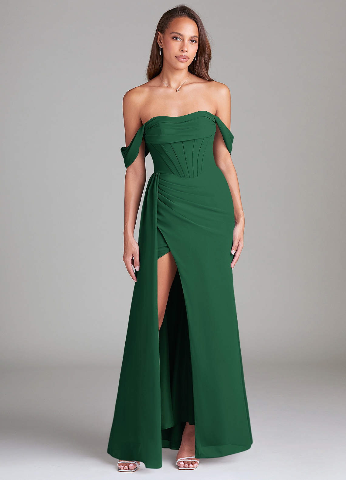 Azazie Amyra Bridesmaid Dresses Dark Green Sheath Off the Shoulder Chiffon Convertible Dress image1
