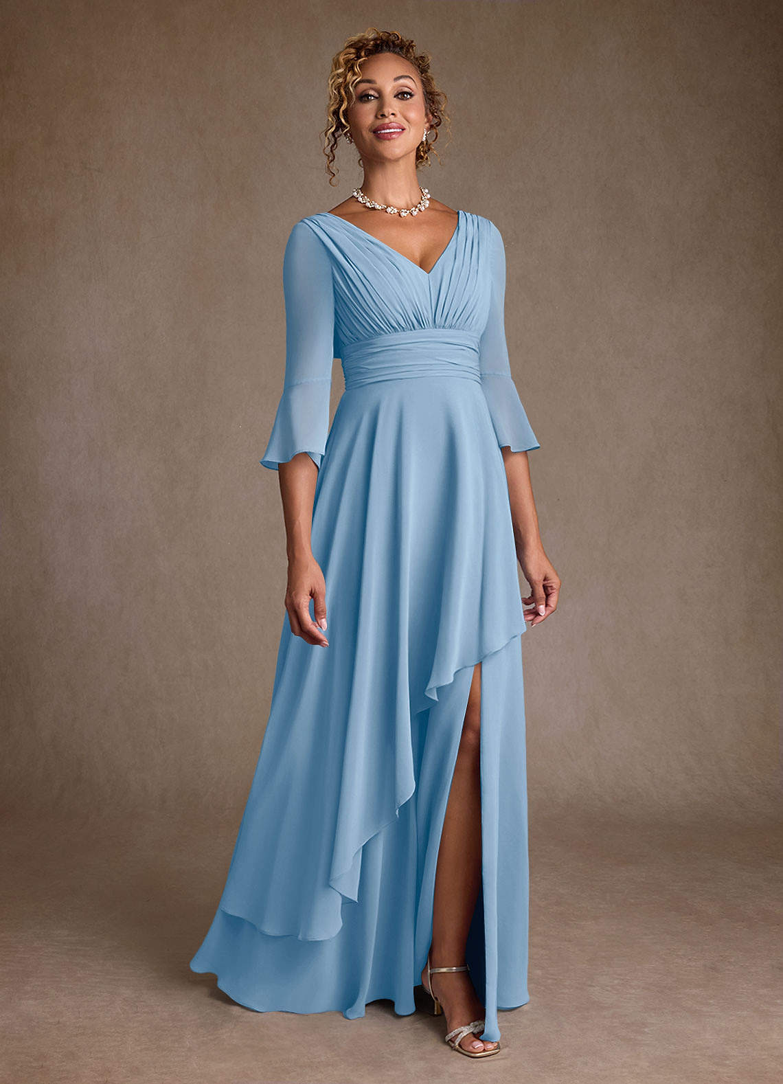 blue pleated chiffon dress Lady Black Tie - Indira Gown - Pleated Chiffon Dress With Scarf