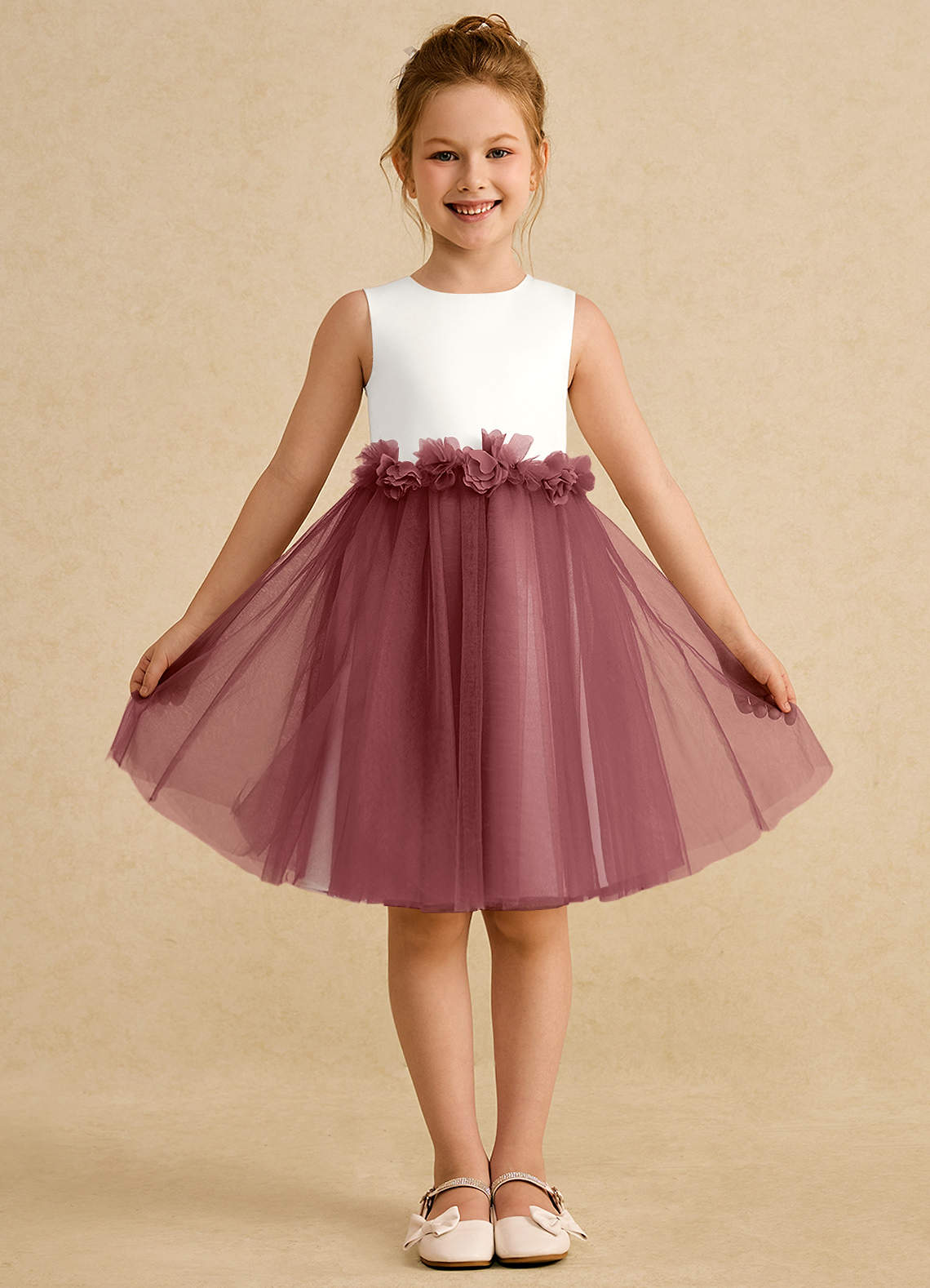 Azazie Louisa Flower Girl Dresses Ivory Amethyst A-Line Sleeveless Tulle Dress image1