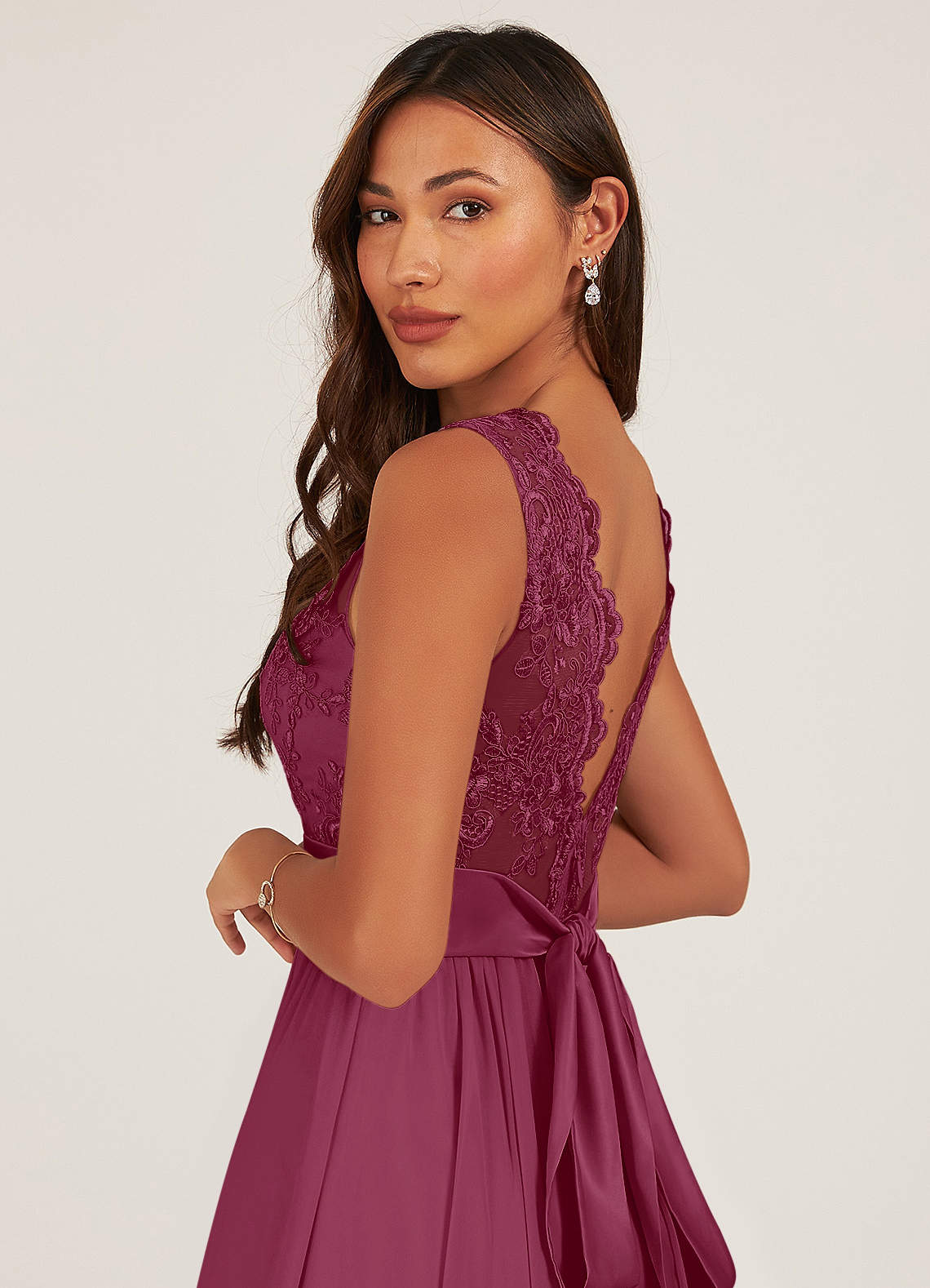 Azazie Gertrude At-home Try On Dresses Mulberry A-Line Lace Chiffon Dress image6