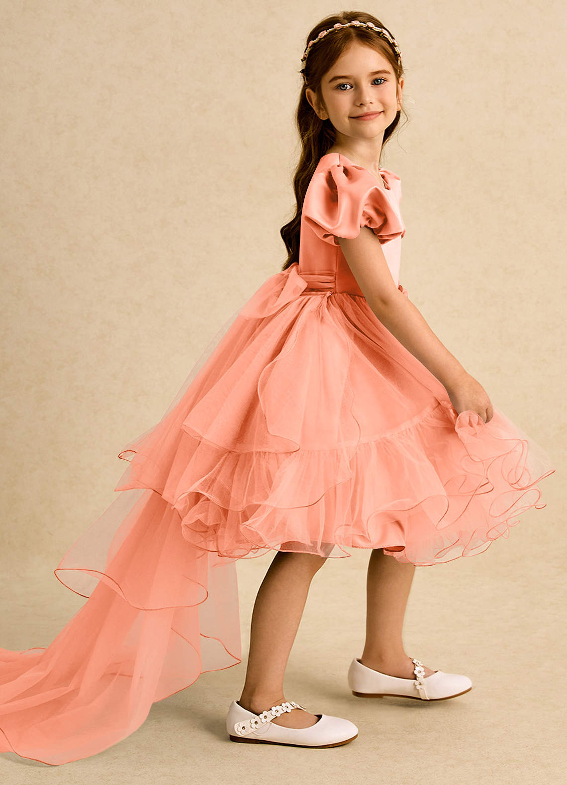 Azazie Cocoa vestidos de niña de las flores Vestido de Atardecer de Tul de Princesa con Plisado image1